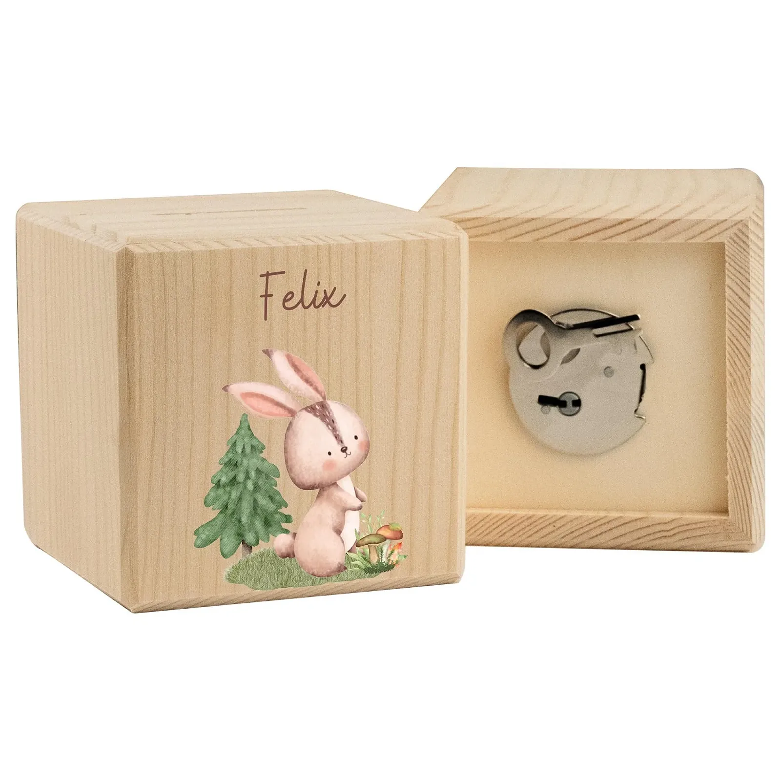 Копилка LARIFEE Rabbit деревянная кубическая с замком и ключом, фото №1