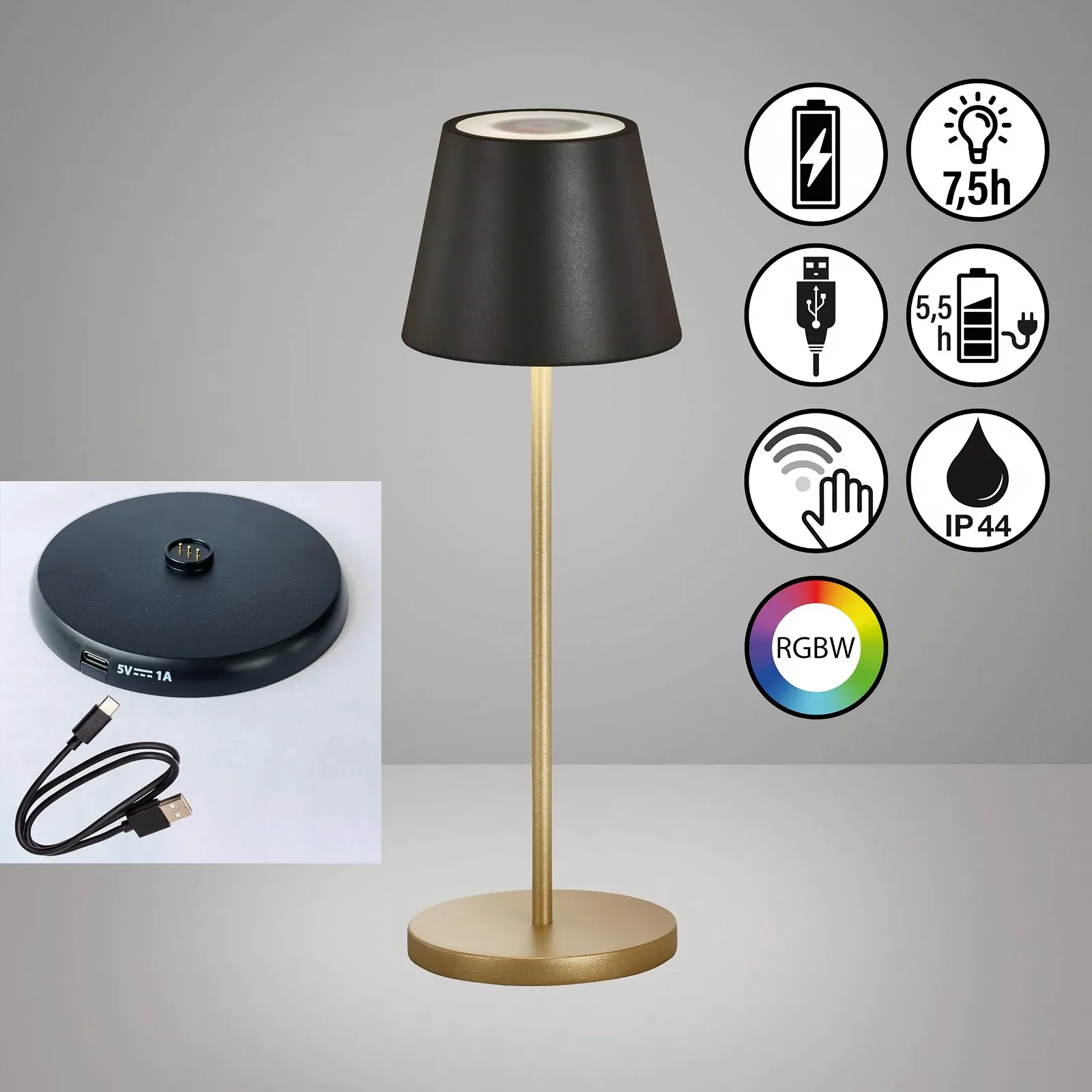 Настільна лампа Cosenza Outdoor Акумуляторна Бездротова USB-C/USB-A 34 см Чорна з золотим, фото №2