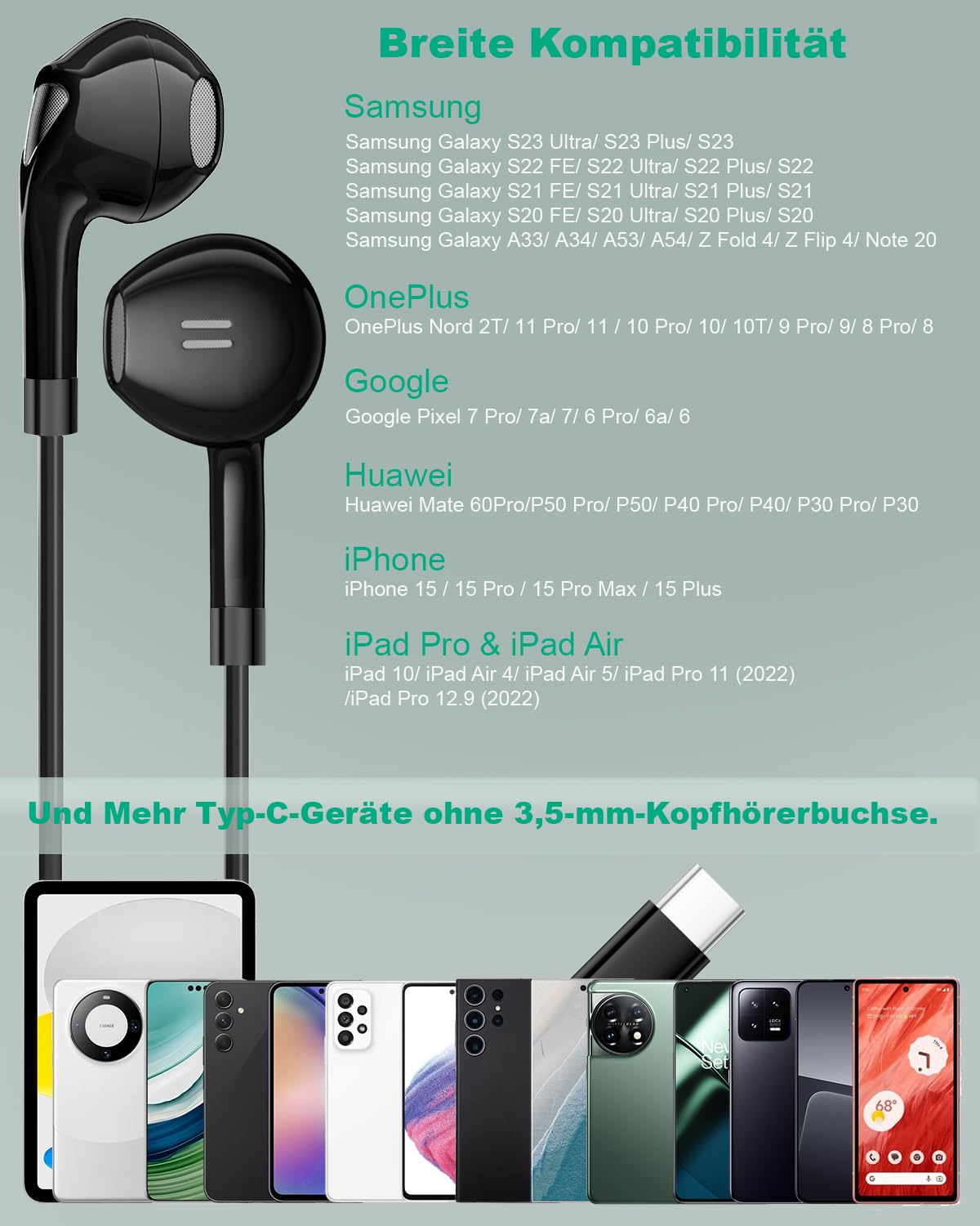 Навушники USB C для Samsung Galaxy S23 S22 Ultra S24 S21 FE A55 A53 A33 A54 5G, внутрішньовушні навушники USB C з мікрофоном, USB C гарнітура з кабелем, навушники для iPhone 15 16 Pixel 8 7a Pro iPad Air 5, фото №5