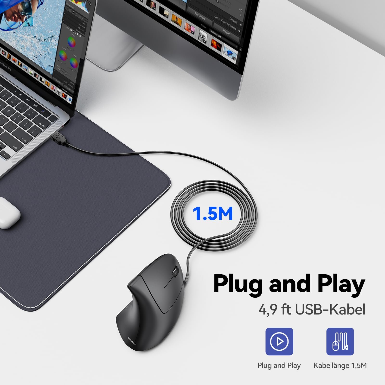 Мышь TECKNET Эргономичная Вертикальная 6400 DPI 4 кнопки USB-кабель - Черный, фото №6