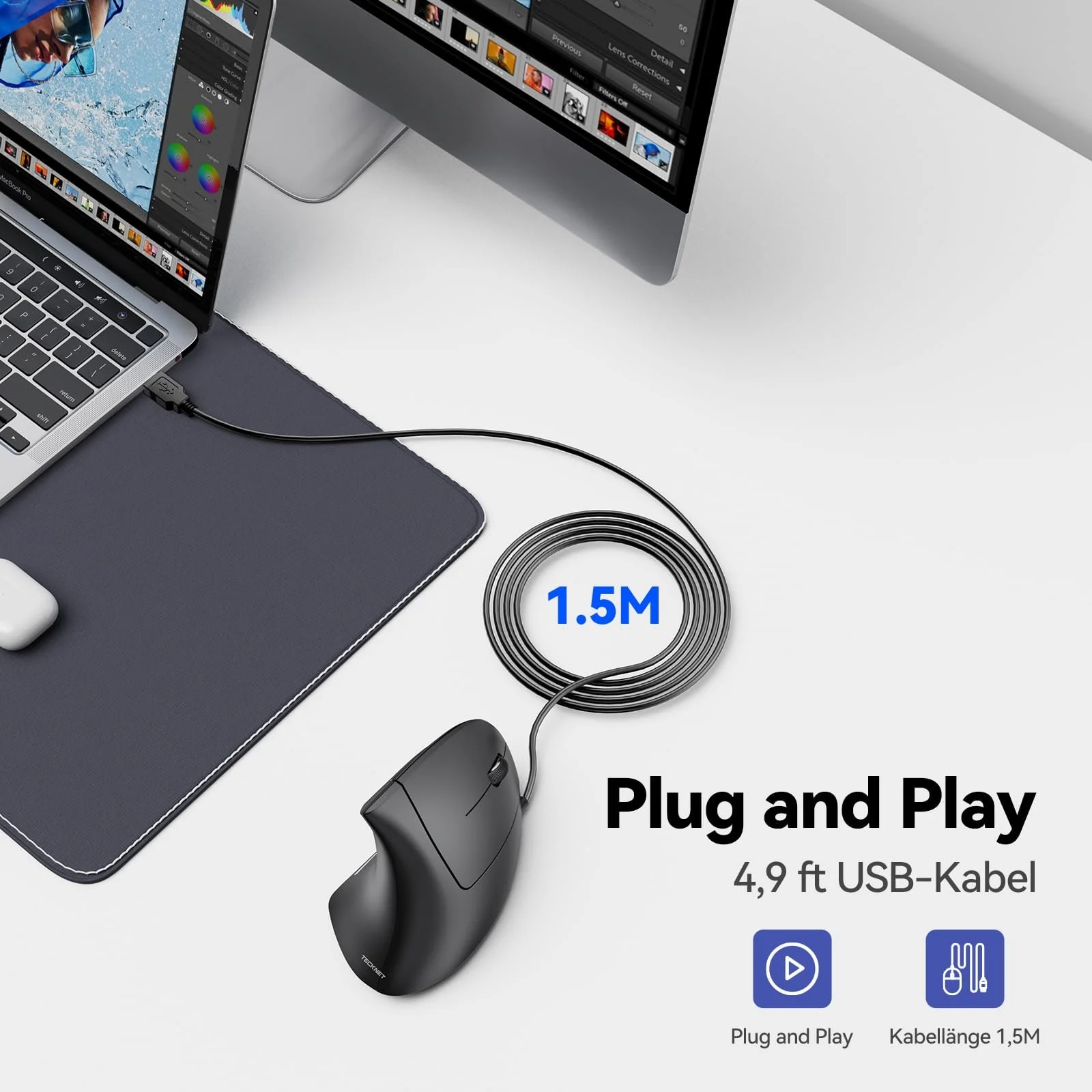 Миша TECKNET Ергономічна Вертикальна 6400 DPI 4 кнопки USB-кабель - Чорний, фото №6