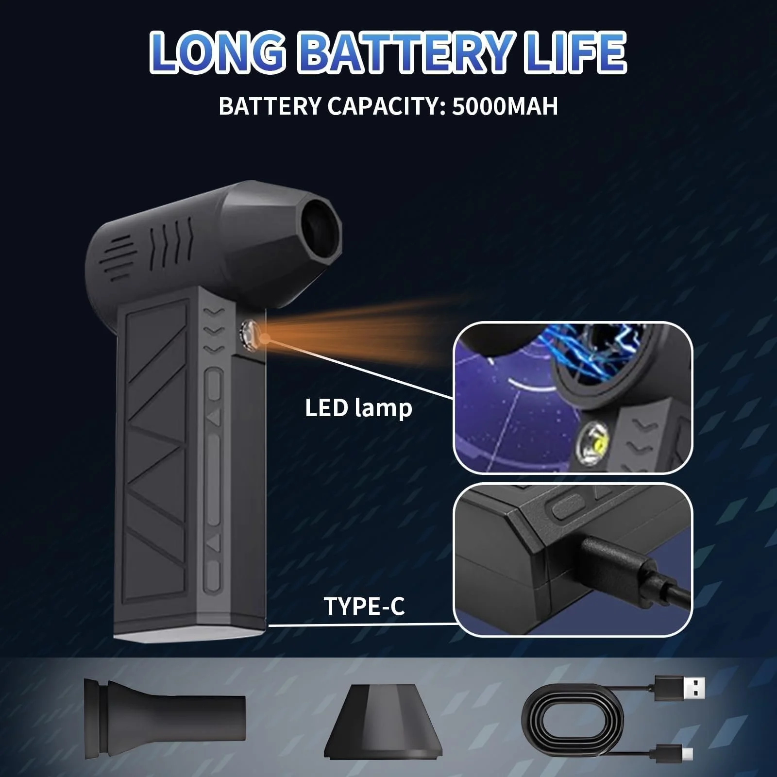 Портативный очиститель сжатым воздухом 4 скорости 130 000 RPM 5000 mAh 10 щеток, фото №5