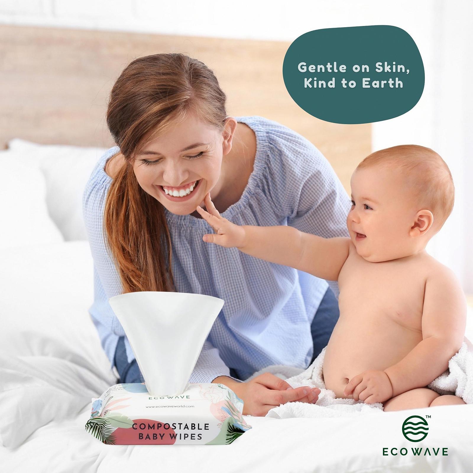Дитячі серветки Eco Wave з бамбука, компостовані, без запаху, гіпоалергенні, веганські, без спирту, для чутливої шкіри (6 упаковок), фото №8