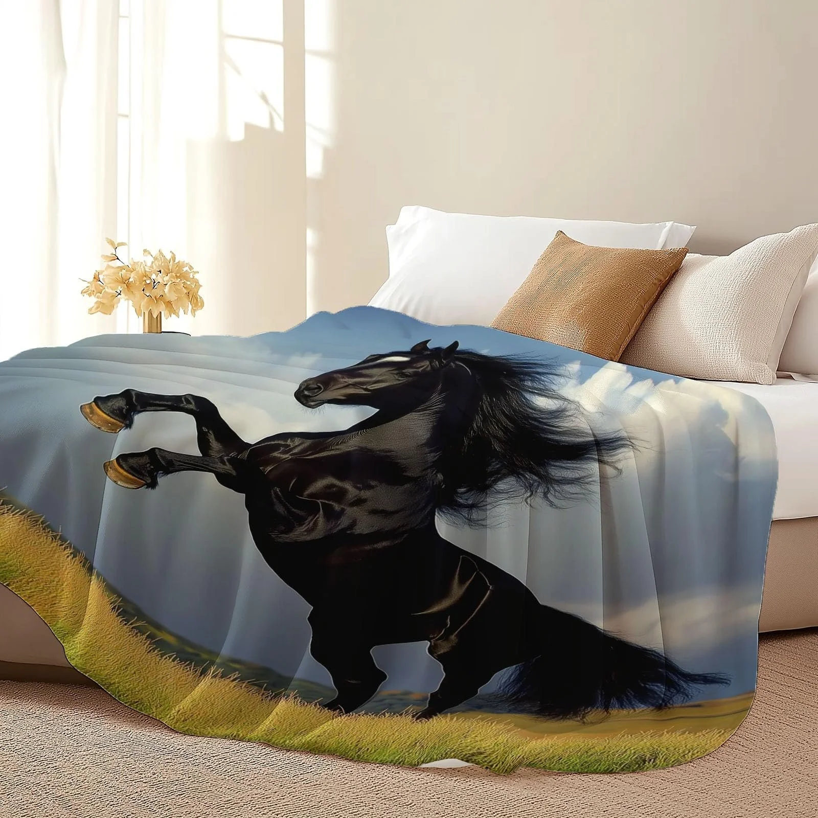 Покривало М'яка для дивану 200 x 200 см, Тепла з малюнком Поля Луки Коні, Чорно-жовта, фото №6