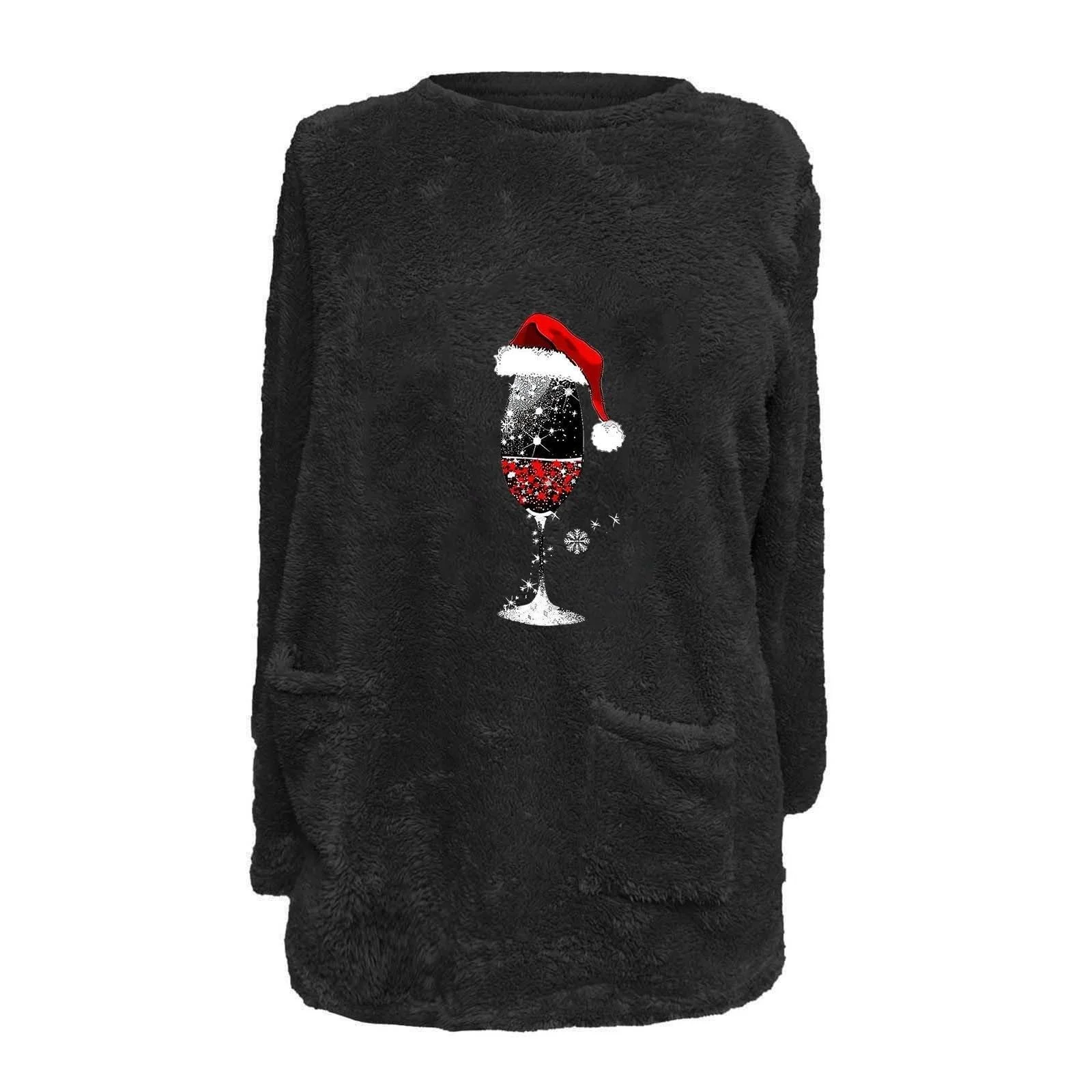 Рождественский джемпер Женский Пушистый свитшот Vhersily Рождественский принт Красное вино Бокал Шерсть Длинный рукав Круглый вырез Зимний теплый джемпер с карманами Флисовый пуловер, фото №4