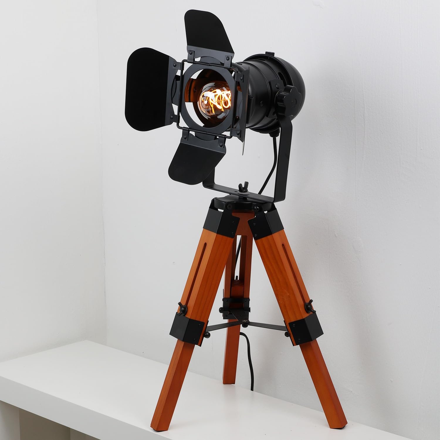 Настільна лампа Alpinaluz Vintage Industrial E27 дерев'яний штатив чорний прожектор, фото №1