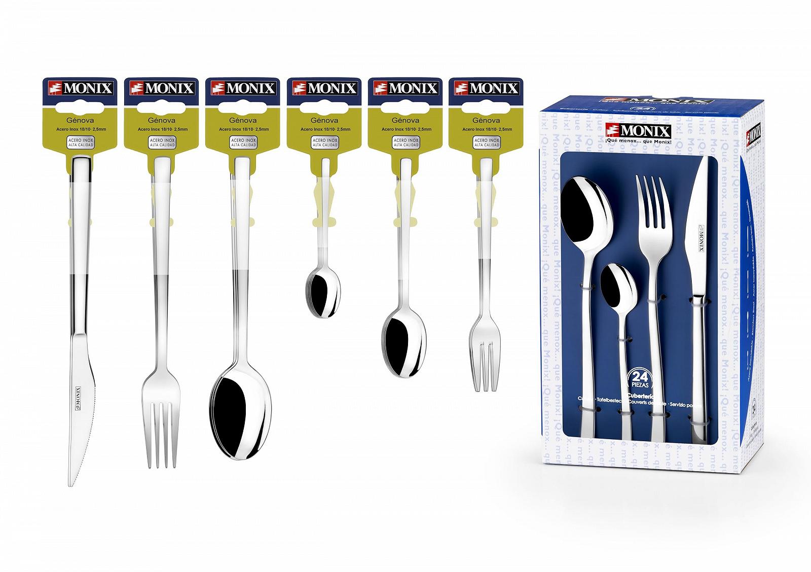 Набор столовых приборов Monix Genova, 24 предмета, ножи для стейков, нержавеющая сталь 18/10, современный дизайн, полированная отделка, толщина 2,5 мм, на 6 персон, фото №6 Набор столовых приборов Monix Genova, 24 предмета, ножи для стейков, нержавеющая сталь 18/10, современный дизайн, полированная отделка, толщина 2,5 мм, на 6 персон, фото №6
