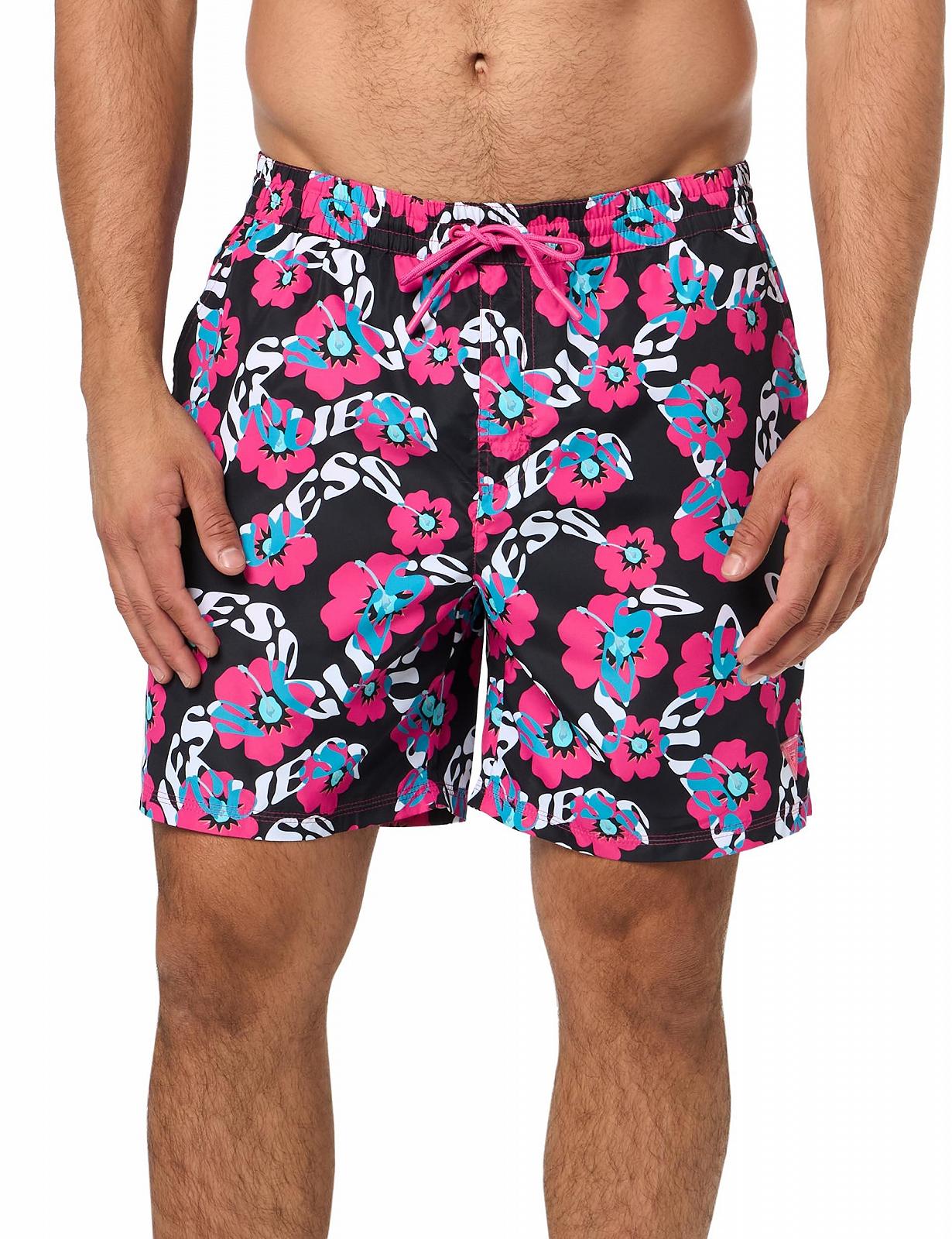 Плавки GUESS Eco Flower Swim Trunk Чорний з логотипом "Чорний гібіскус", M, фото №1