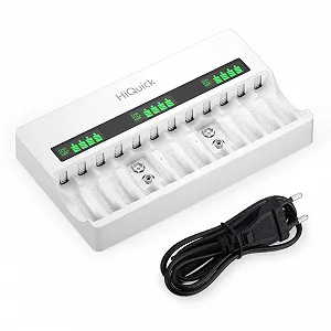 Зарядний пристрій AA AAA 9V HiQuick для акумуляторів Mignon AA, Micro AAA NI-MH, 12 місць для зарядки з РК-дисплеєм і кабелем живлення змінного струму - Фото 1