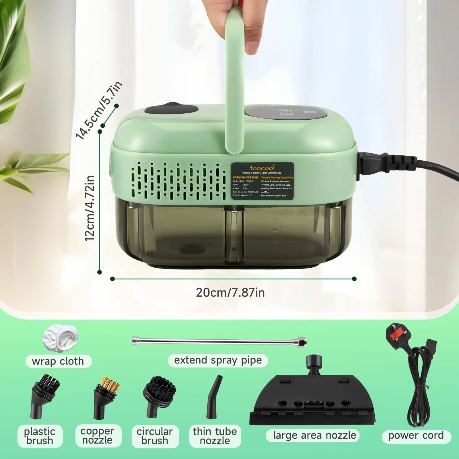 Пароочисник портативний 2500 Вт 1100 мл з 3 насадками-щітками Зелений, фото №5