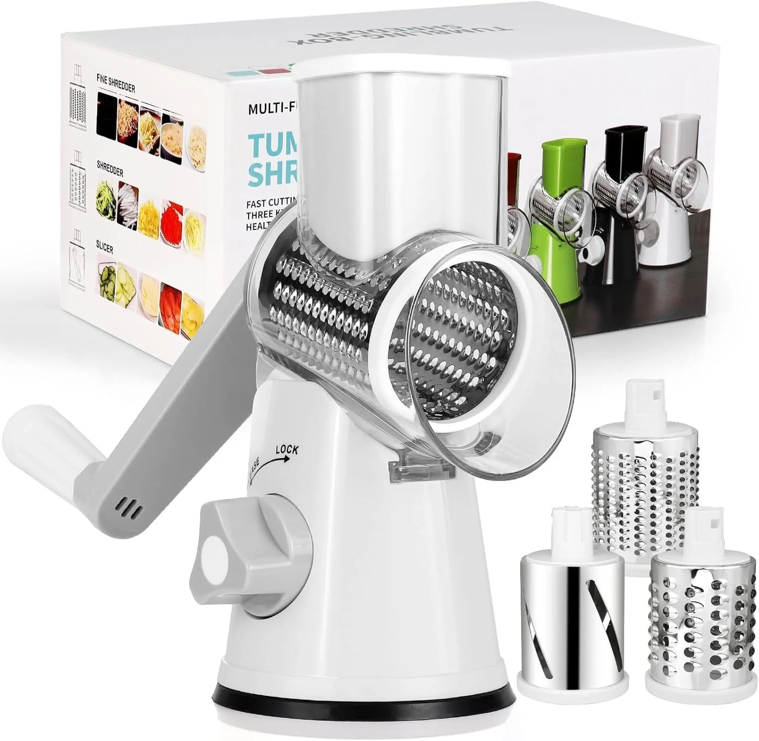 Ручна терка для овочів з ручкою, для овочів з 3 змінними барабанними лезами з нержавіючої сталі, фото №1 Ручна терка для овочів з ручкою, для овочів з 3 змінними барабанними лезами з нержавіючої сталі, фото №1