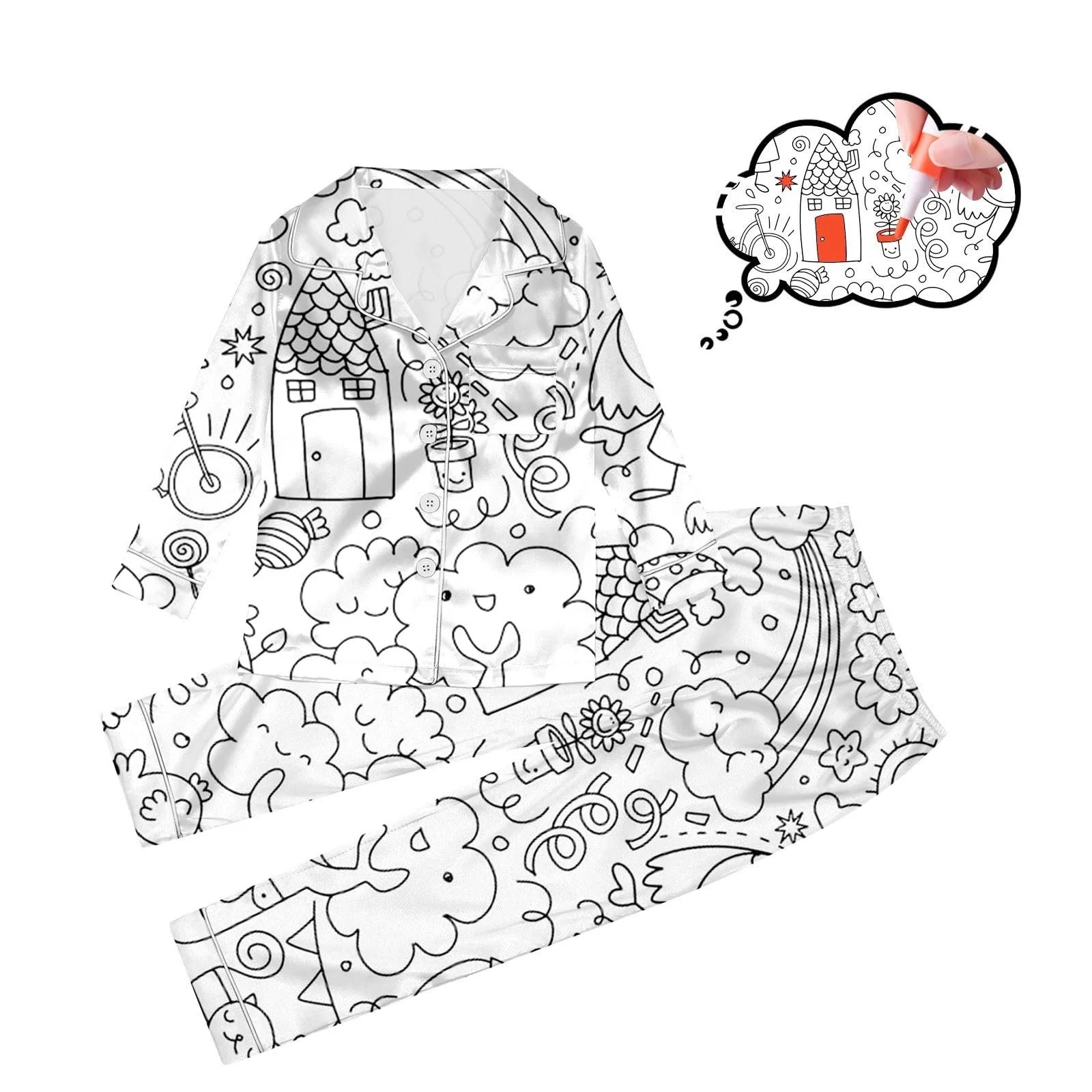 Піжама для розмальовування дитяча, зимовий домашній костюм, комплект з двох предметів, біла, з мультяшним принтом, фото №2 Піжама для розмальовування дитяча, зимовий домашній костюм, комплект з двох предметів, біла, з мультяшним принтом, фото №2