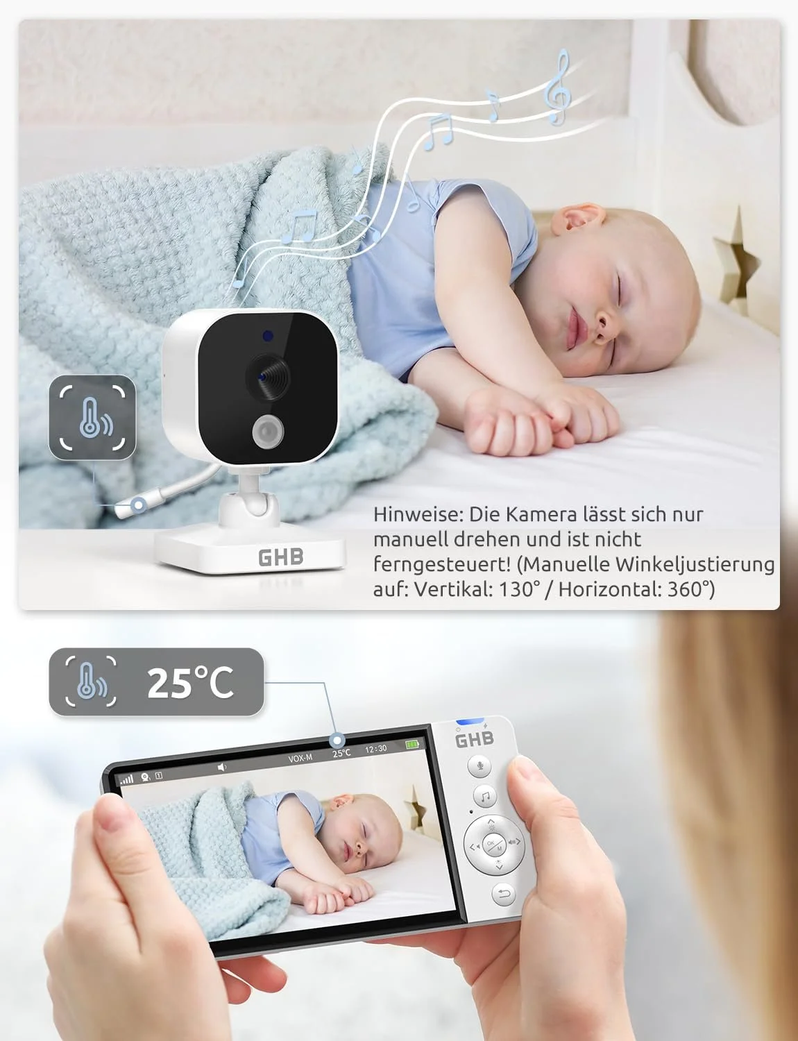 Відеоняня GHB 5 дюймів HD 5000 mAh IPS VOX 4X Zoom Night Vision Temperature 720P Manual Rotation, фото №8 Відеоняня GHB 5 дюймів HD 5000 mAh IPS VOX 4X Zoom Night Vision Temperature 720P Manual Rotation, фото №8