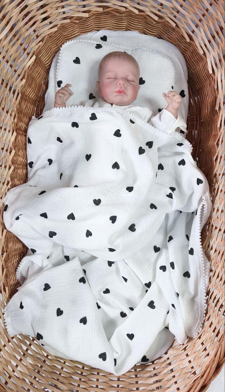 Муслиновый комплект в коляску, люльку: плед, простынь и подушка Сердечки, фото №1