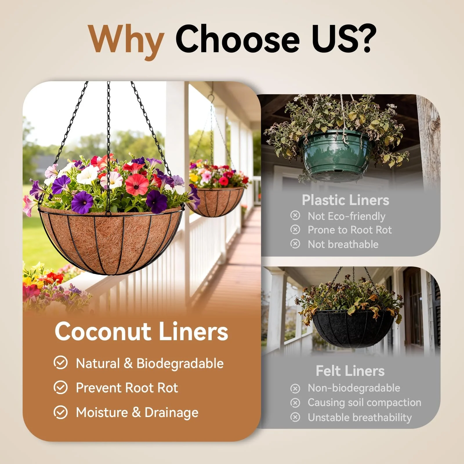 Вкладиші з кокосового волокна Halatool для підвісних кошиків, 3 шт., 35 см, круглі, фото №4 Вкладиші з кокосового волокна Halatool для підвісних кошиків, 3 шт., 35 см, круглі, фото №4