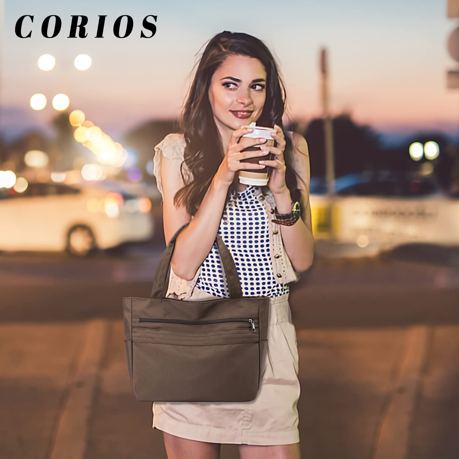 Сумка жіноча CORIOS, нейлонова, водонепроникна, на плече, повсякденна, багатофункціональна, тоут, легка, кавового кольору, фото №2