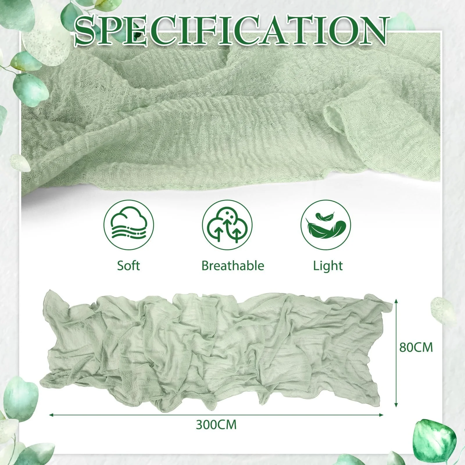 Ранер AiQInu Muslin Cheese Cloth 80 x 300 см світло-зелена, фото №1 Ранер AiQInu Muslin Cheese Cloth 80 x 300 см світло-зелена, фото №1