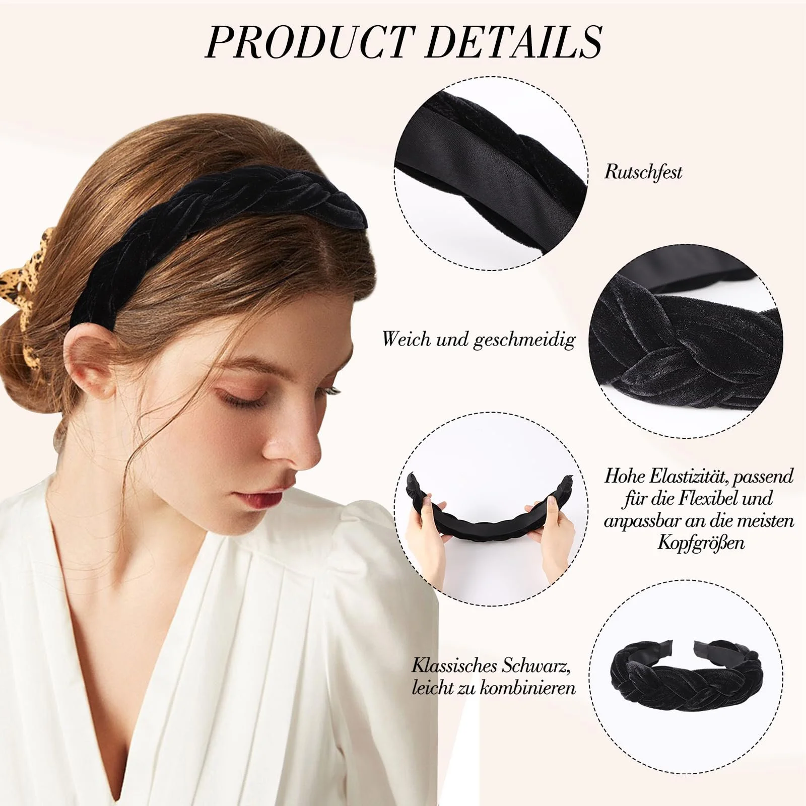 Обруч для волосся плетений Оксамитовий Чорний, фото №3