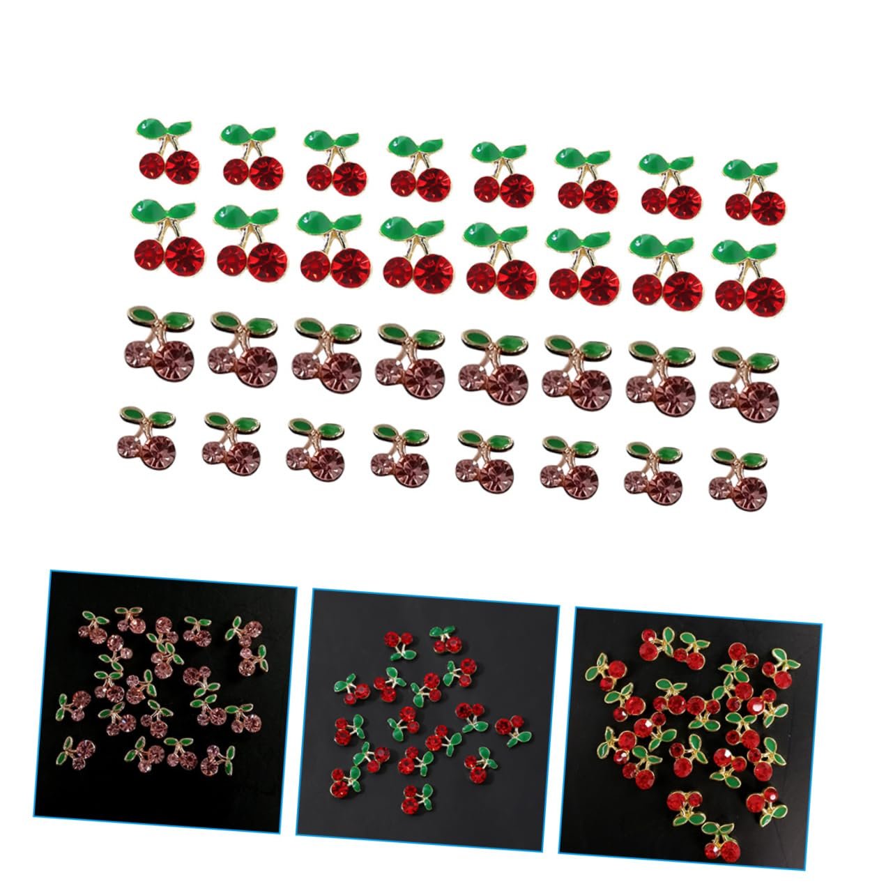 Украшения для ногтей Вишня FRCOLOR 96 штук Фруктовые подвески для ногтей с блестками Хрустальные вишневые подвески Объемные 3D маленькие стразы из сплава, фото №7
