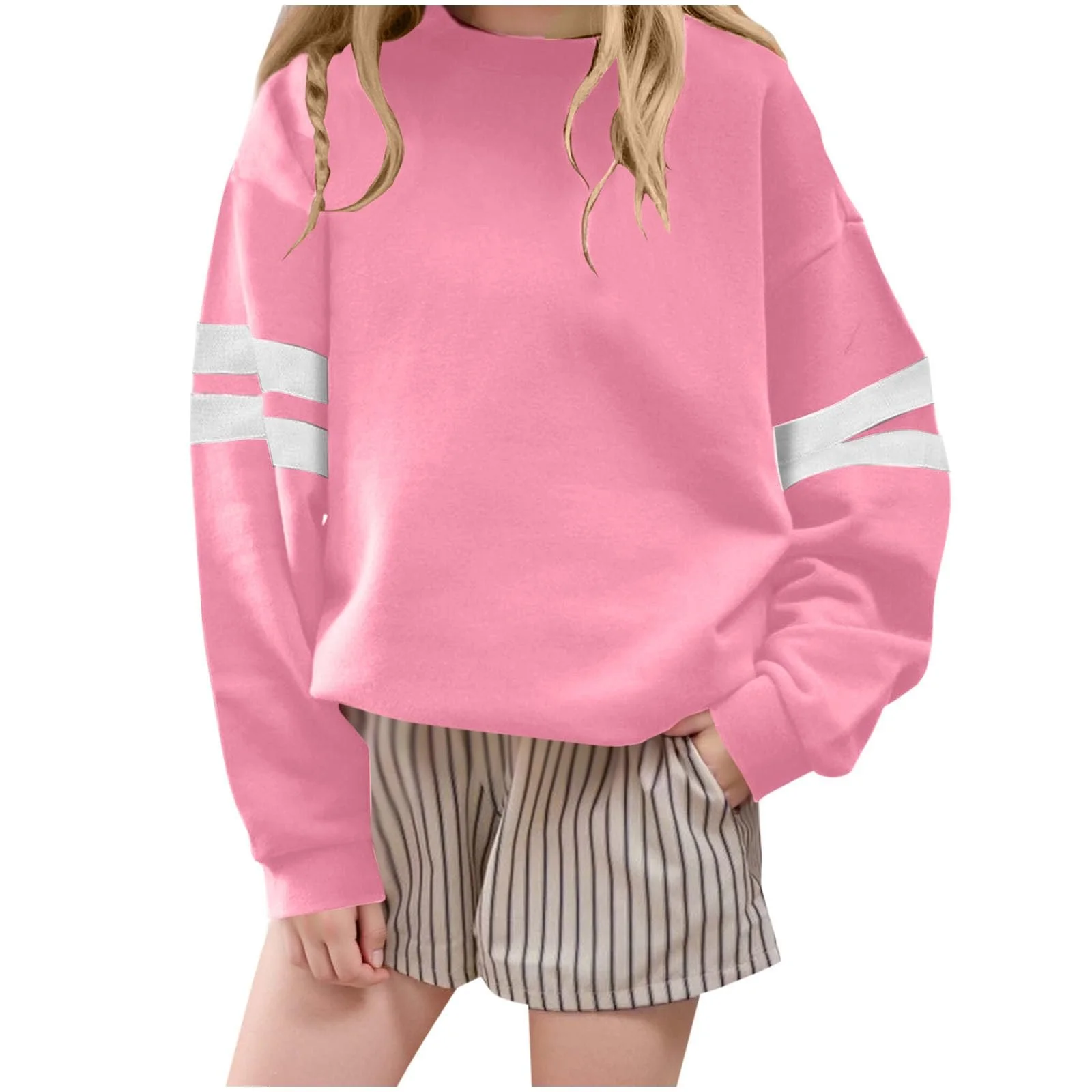 Пуловер LNNGNIA Подростковый Девочковый Свитшот с круглым вырезом, Короткие Топы, Повседневная Рубашка с длинными рукавами, Свободный Полосатый Пуловер, Модная Уличная одежда, фото №1
