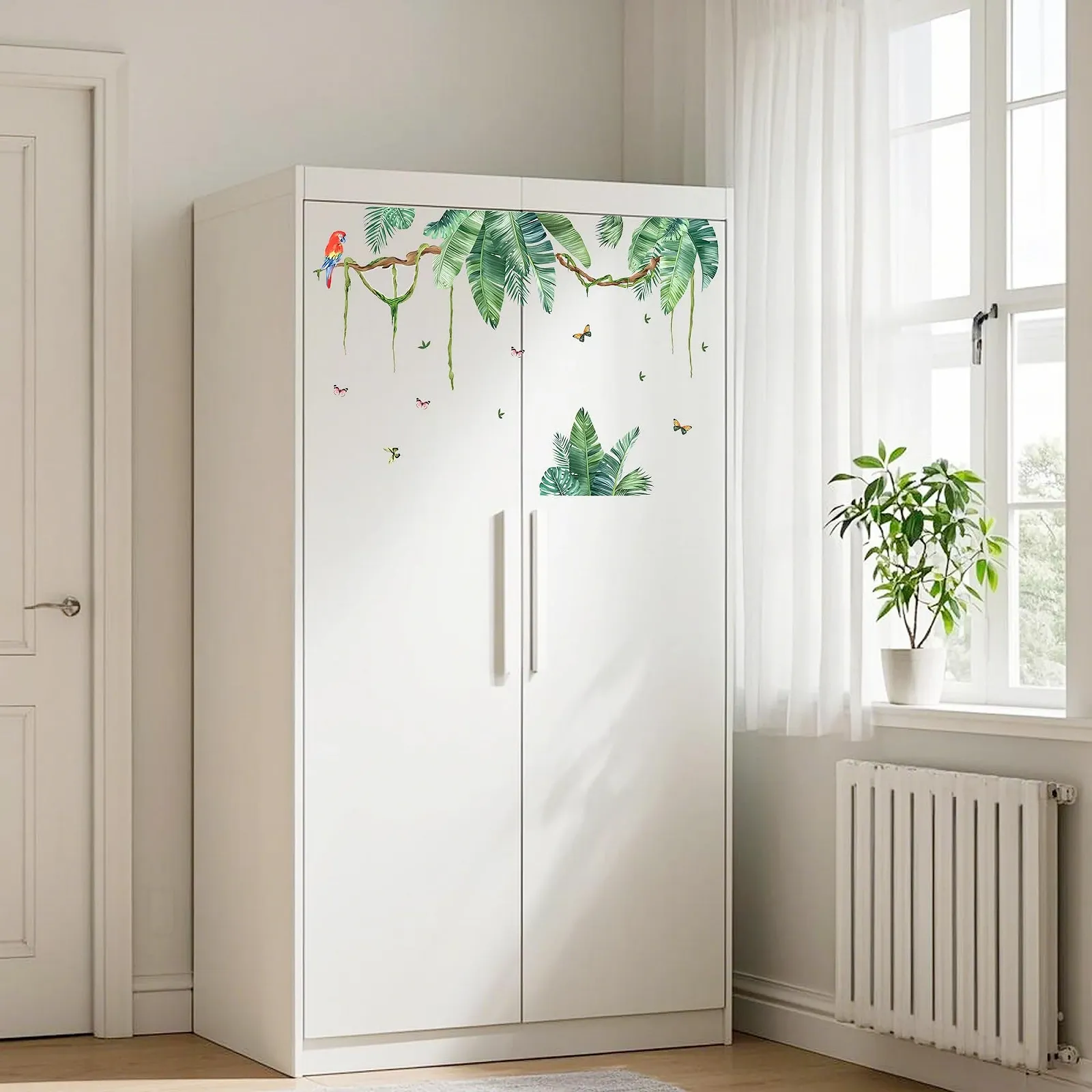 Наклейка на стену duoyif Tropical Leaves Plants Hanging Vine Green Palm Trees Leaves Birds Зеленая, фото №5