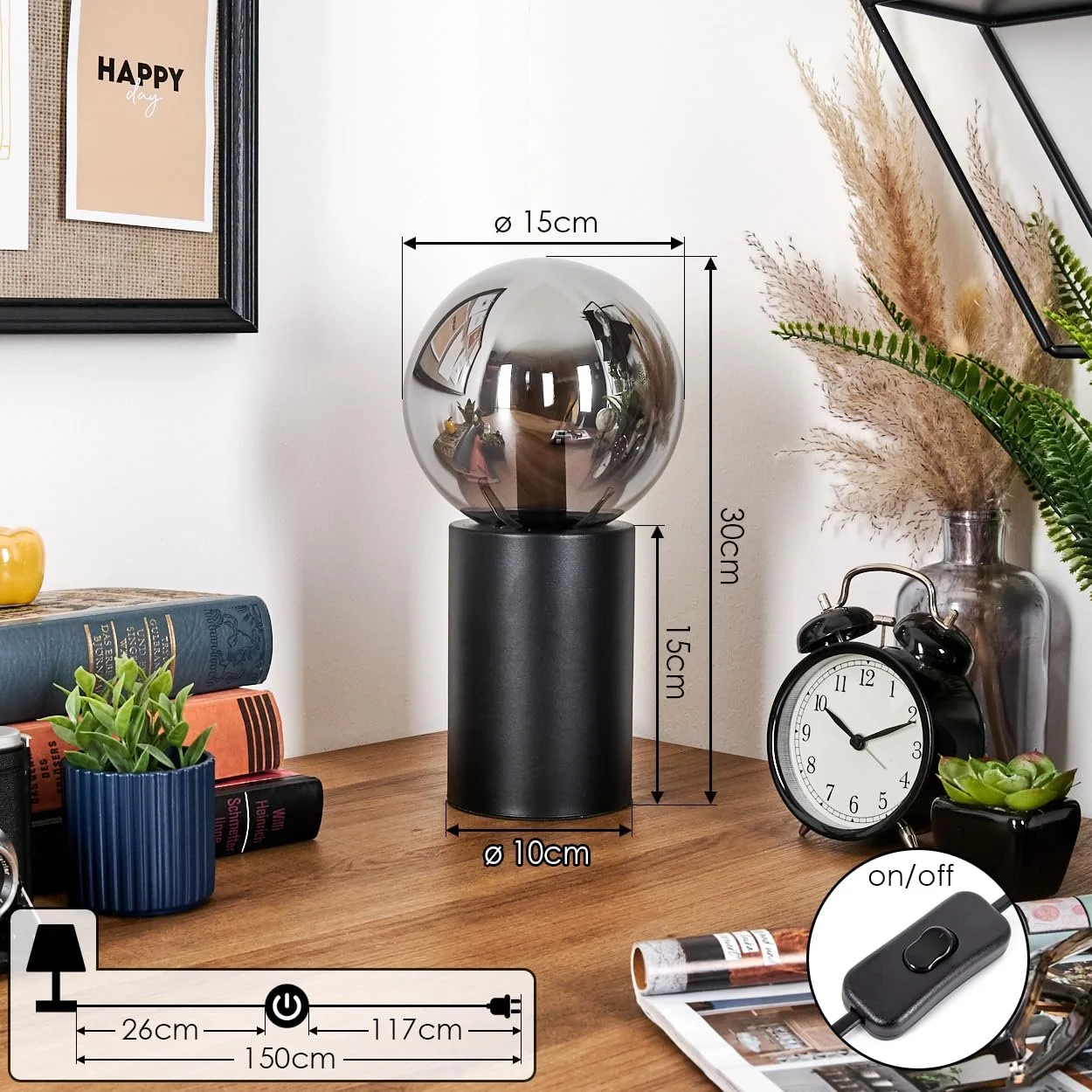 Настільна лампа HOFSTEIN Gastor метал/скло Ø 15 см E14 Чорний/Димчастий, фото №4