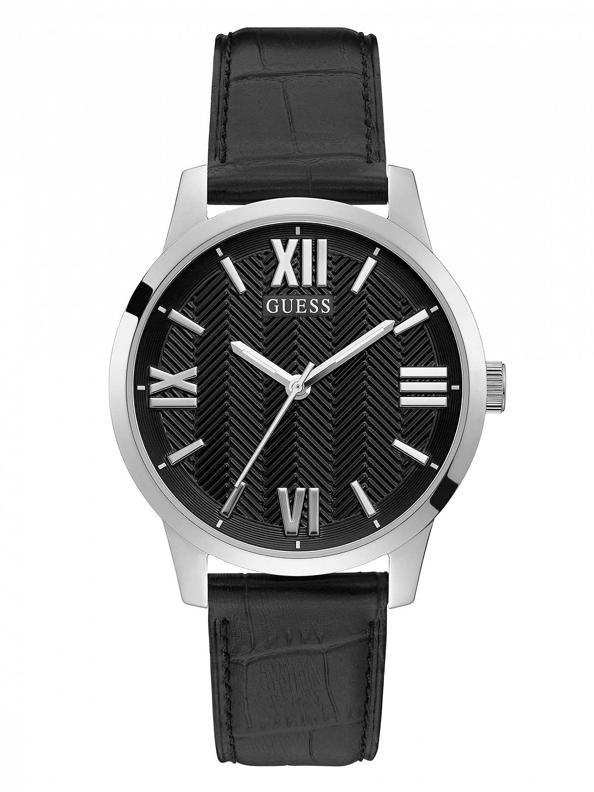 Мужские часы GUESS GW0250G1 аналоговые кварцевые с кожаным ремешком серебристый/черный, фото №1
