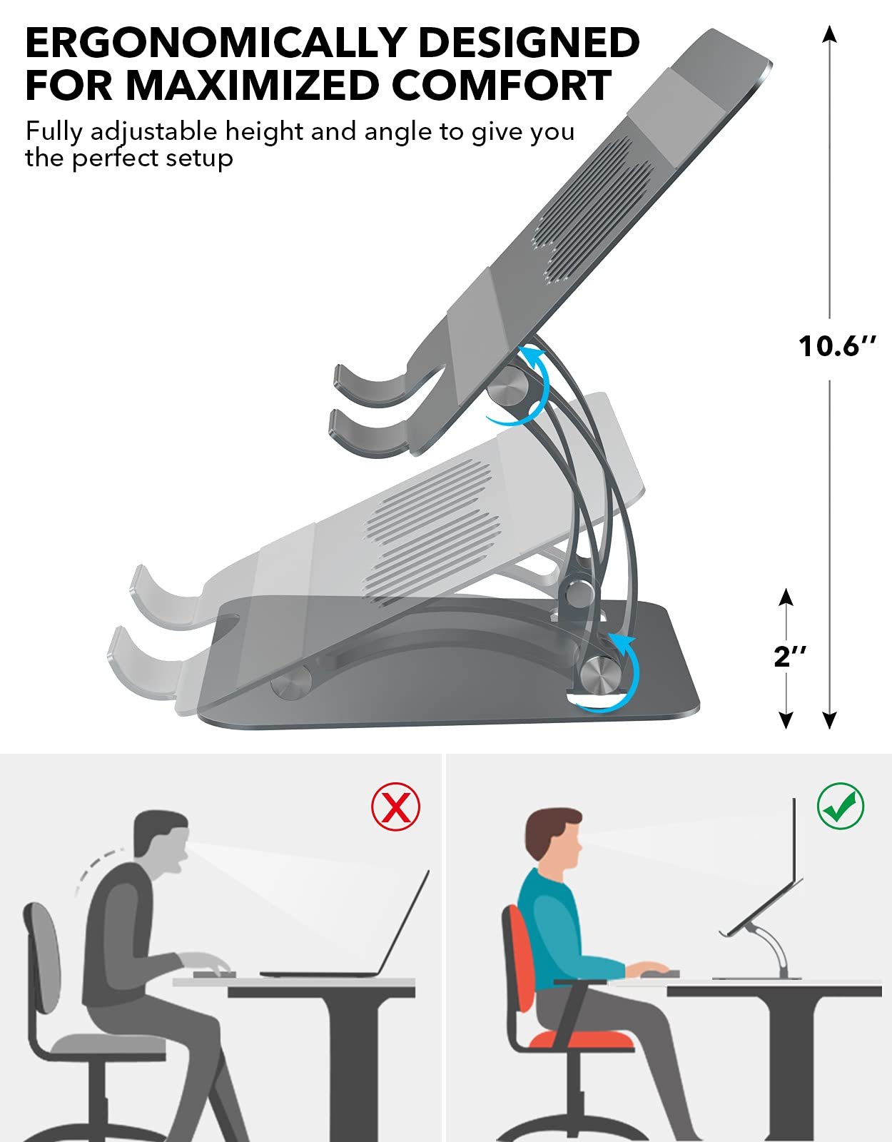 Підставка для ноутбука, ергономічна, регульована по висоті, сумісна з MacBook Pro/Air, Dell, HP, Samsung, Lenovo, усіма ноутбуками 10-16 дюймів, сіра, фото №4
