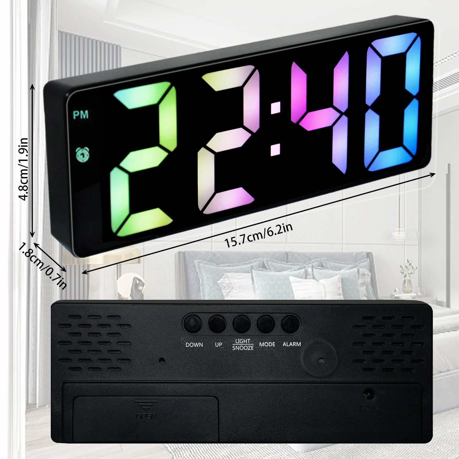 Цифровой Будильник с LED экраном, Цветной, Настольный, USB/Батарейках, Отображение Температуры, Регулируемая Яркость, Голосовое Управление, 12/24 Часовой Формат для Дома, фото №2