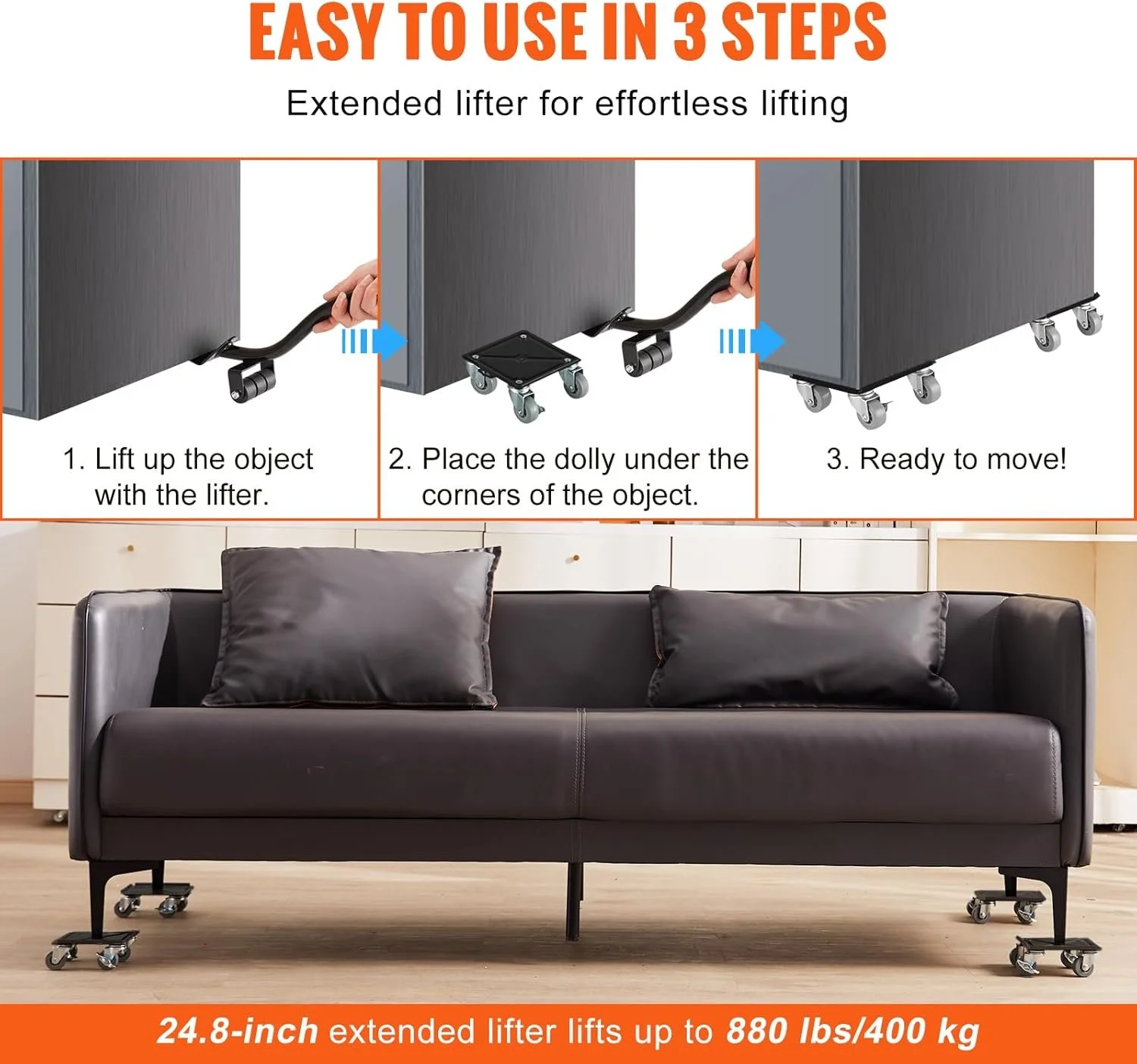 Комплект для переміщення меблів VEVOR JYF-450 / 4 шт + важіль / до 450 кг / Black, фото №12 Комплект для переміщення меблів VEVOR JYF-450 / 4 шт + важіль / до 450 кг / Black, фото №12