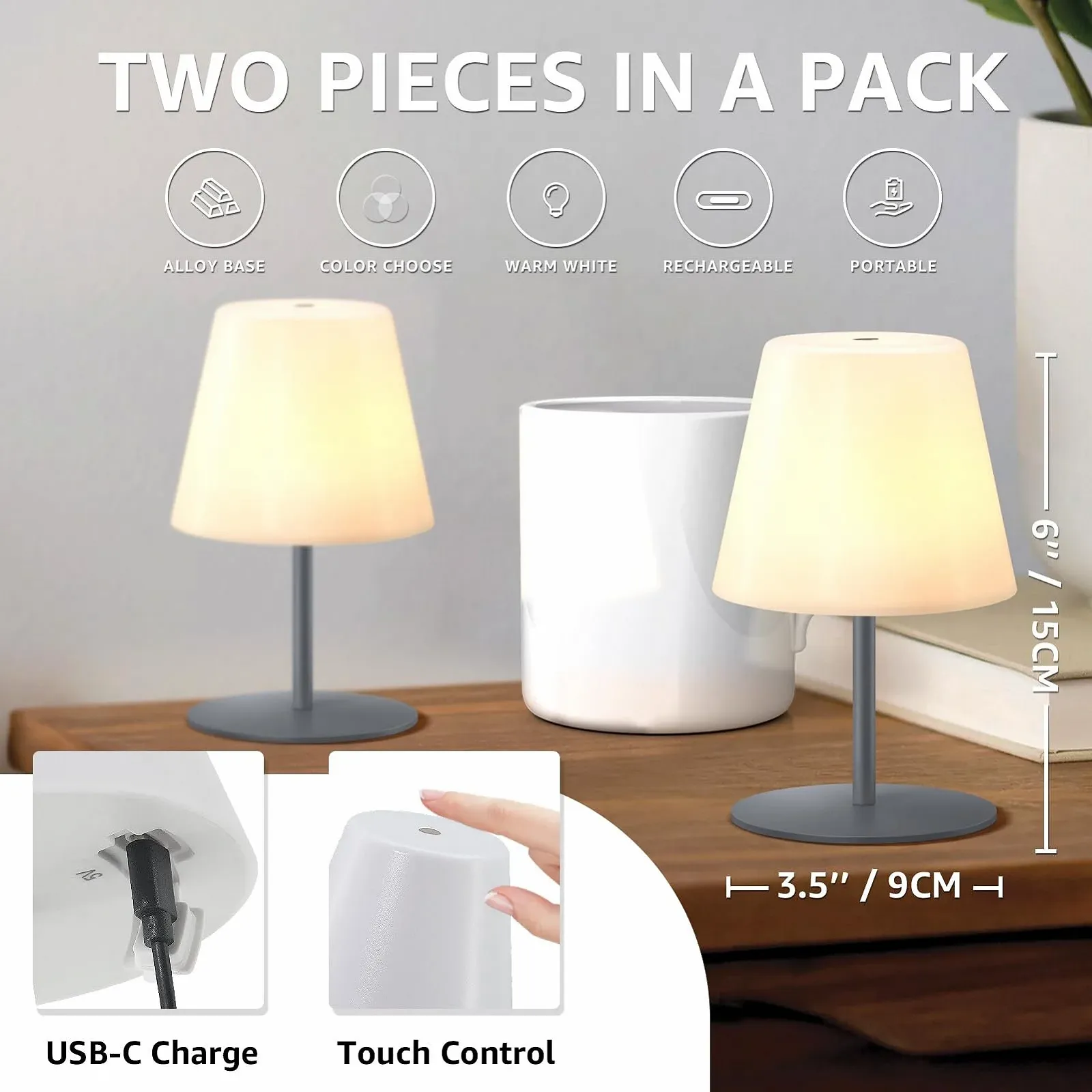 Настільна LED лампа акумуляторна Набір з 2 шт. Touch Dimmable Warm White / RGB USB-C IP44 сіра, фото №3