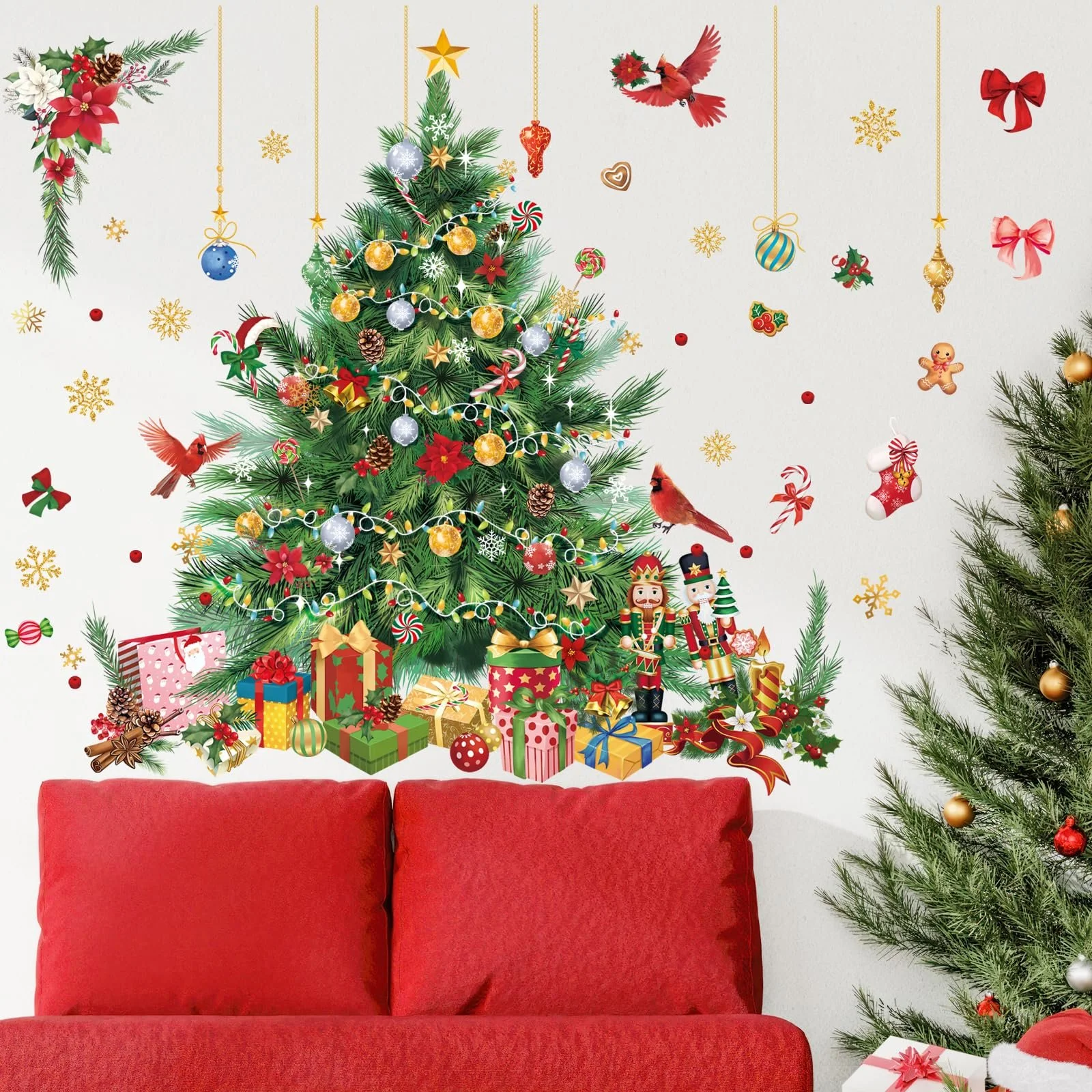Наклейка на стіну Різдвяна ялинка Акварель з кулями та птахами, фото №2