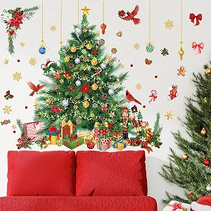 Наклейка на стіну Різдвяна ялинка Акварель з кулями та птахами synthetic.ua - Фото 1