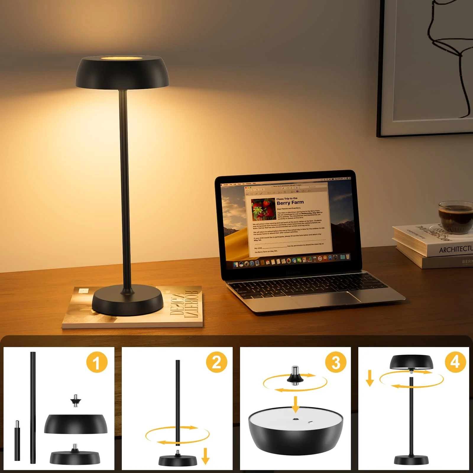 Настільна лампа бездротова світлодіодна акумуляторна з сенсорним керуванням та 4 режимами набір з 2 Чорна, фото №8