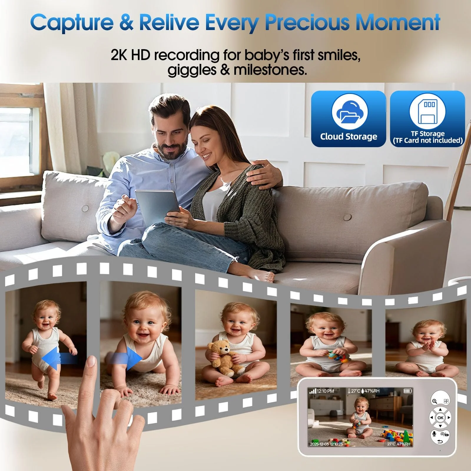 Відеоняня 2K 5" PTZ 355°/60° 4X Zoom IR Night Vision Motion Sensor Lullabies, фото №8