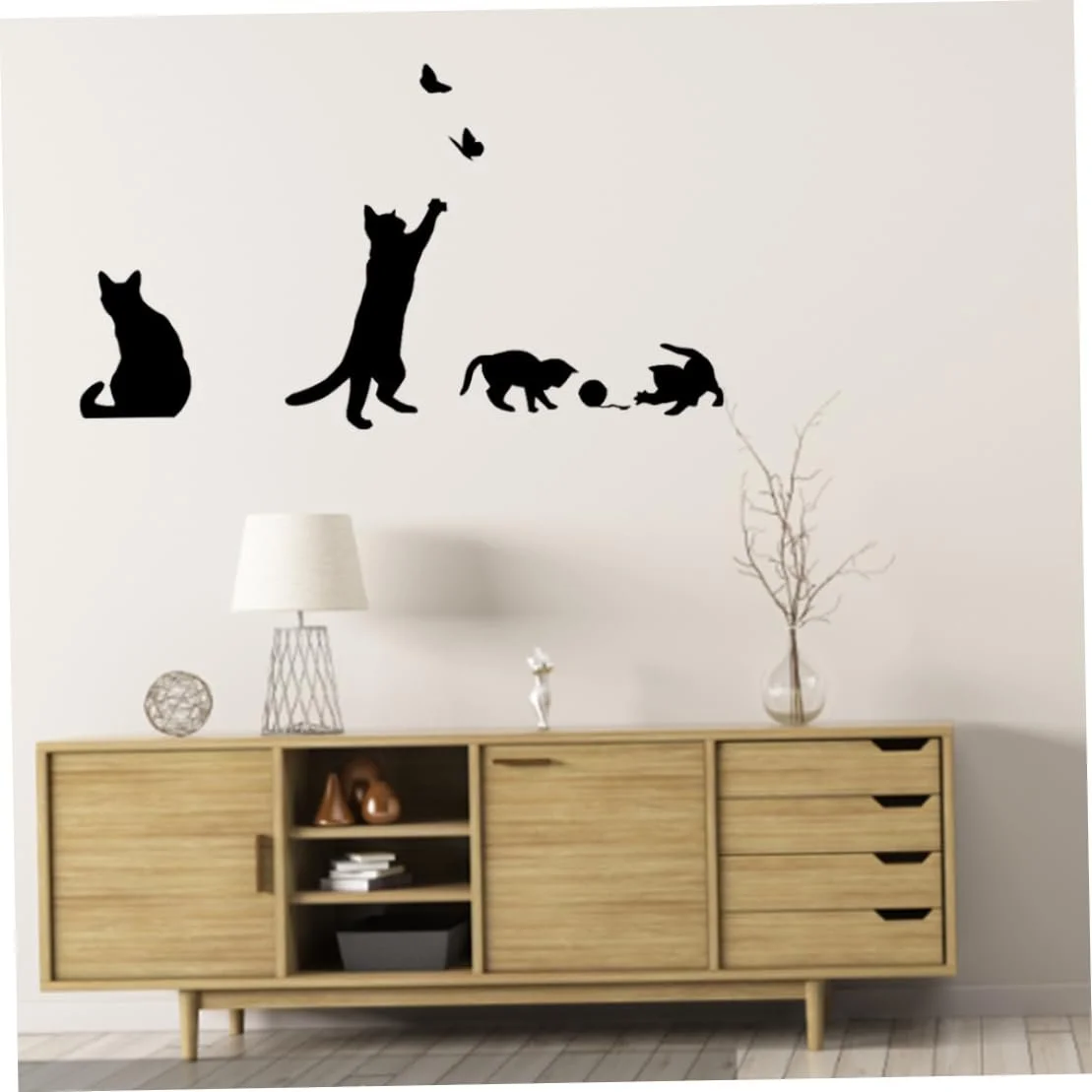 Наклейка на стіну Кіт ловить метелика Знімна Чорний, фото №3
