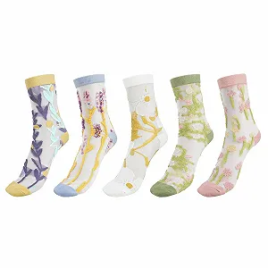 Носки Винтажные Прозрачные 5 пар, Милые Цветочные Тонкие Носки, Эластичные Сетчатые Кружевные Жаккардовые Стеклянные Шелковые Носки для Женщин и Девушек, разноцветные - Фото 1