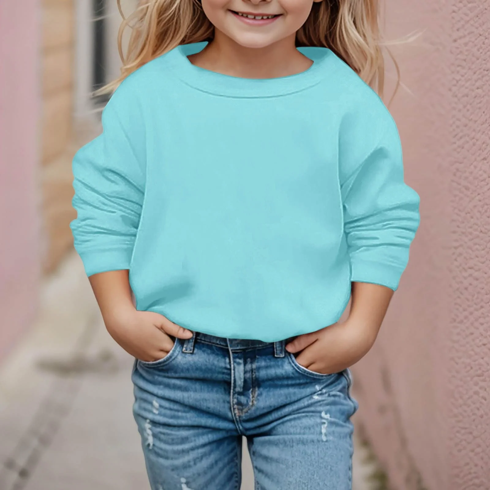 Дитячий светшот з довгими рукавами, однотонний спортивний пуловер, фото №2