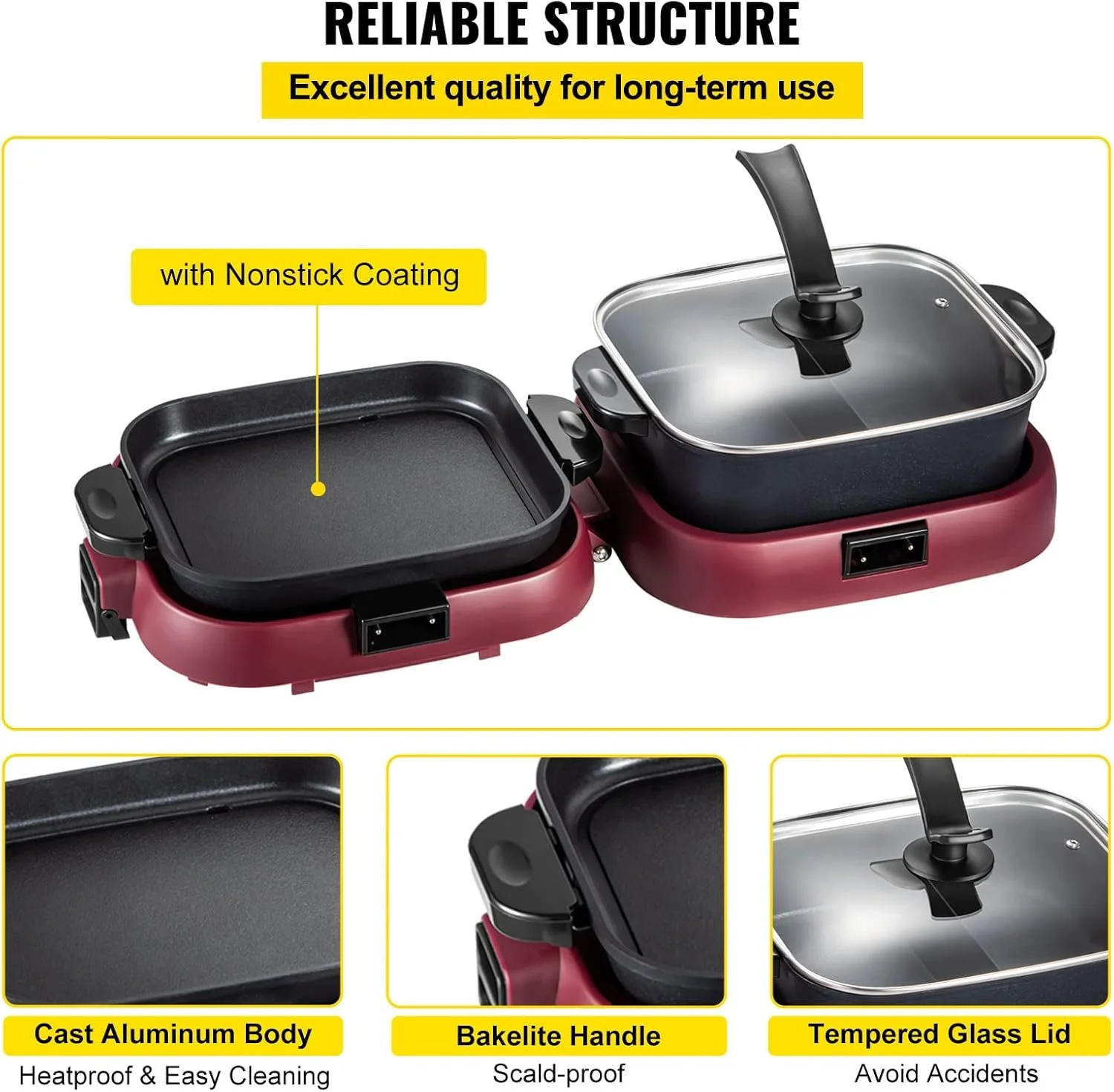 Электрогриль VEVOR TKM-P10 2100W / 2-в-1 Гриль + Фондю / Независимый Контроль Температуры / Антипригарное Покрытие / Бургунди, фото №5