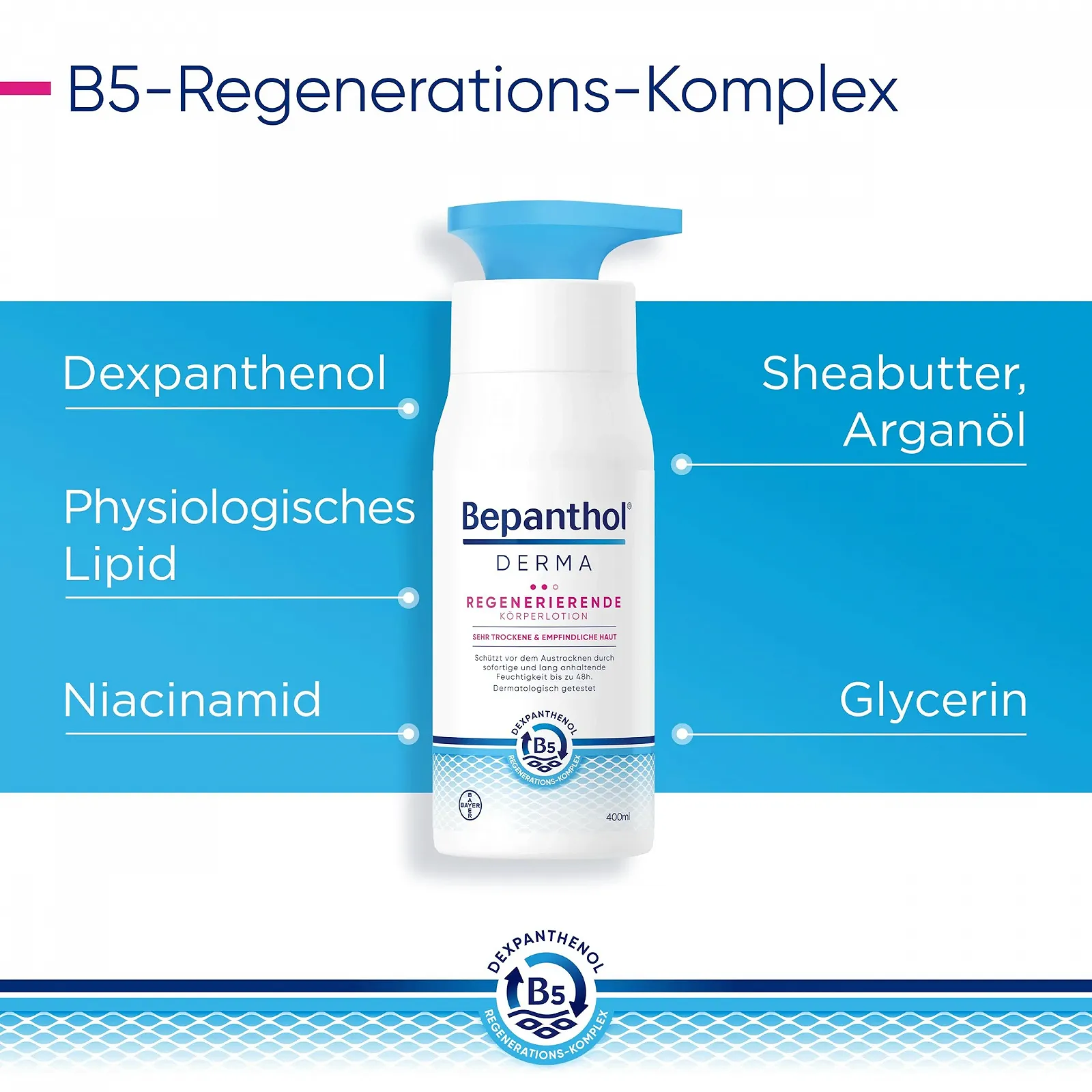 Лосьон для тела Bepanthol Derma Regenerating, уход за чувствительной и очень сухой кожей, увлажняющий крем с декспантенолом, 400 мл (дозатор), фото №6