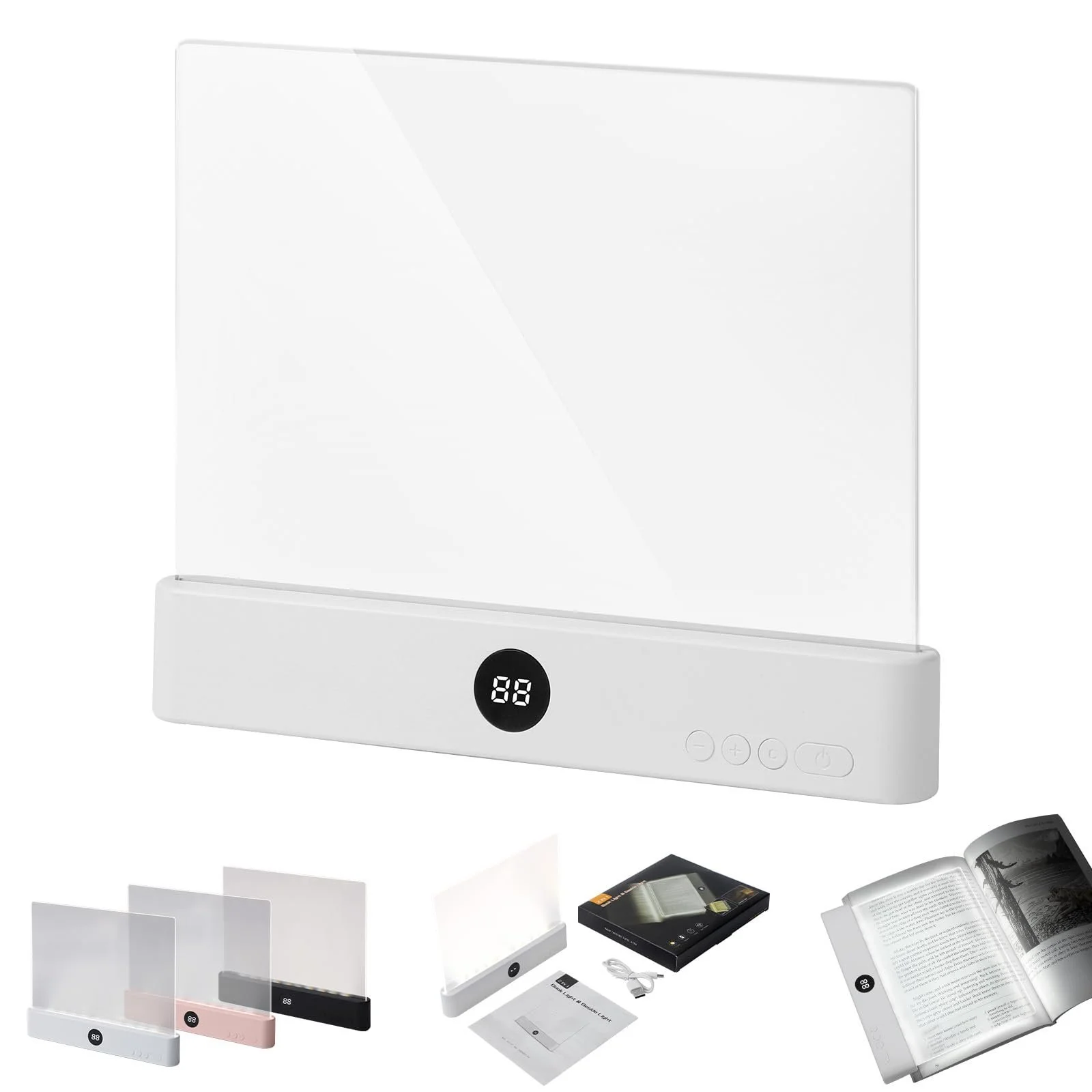 Лампа для книг LED портативна пласка 3 кольори світла таймер акумуляторна USB Біла, фото №1