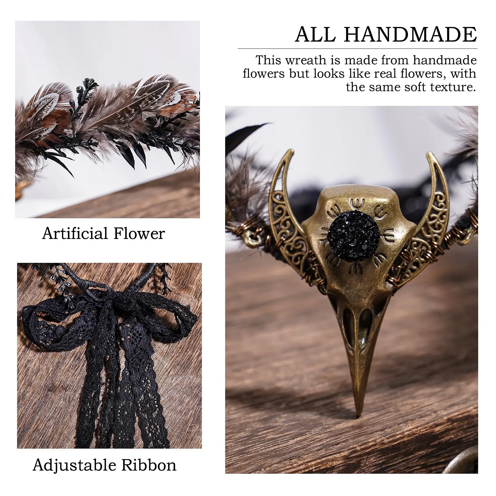 Вінок з пір'я ручної роботи MOSTORY коричневого кольору, фото №6