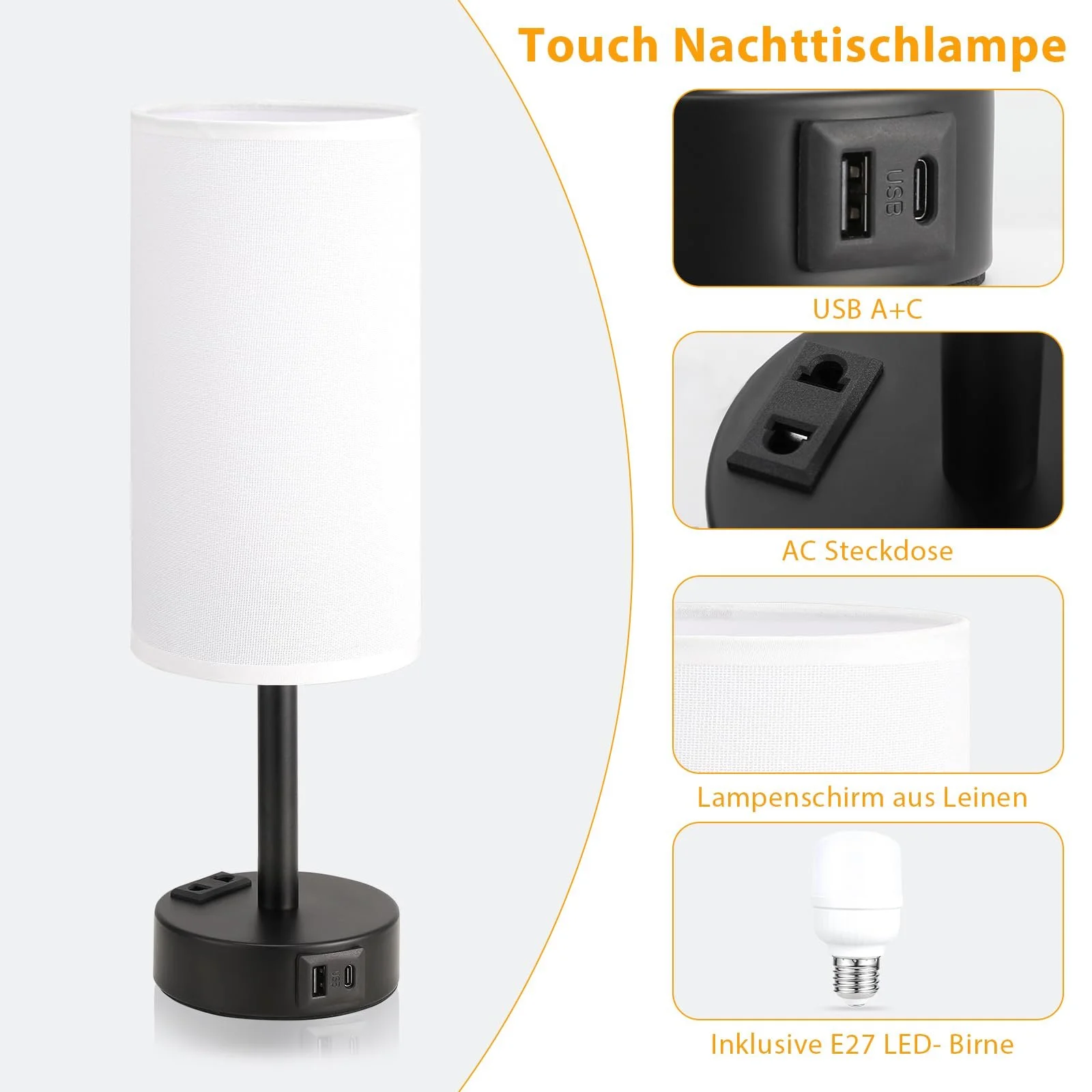 Настільна лампа Kakanuo Сенсорна USB A+C Розетка Лляний абажур, фото №3