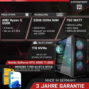 Комплект ПК SYSTEMTREFF Gaming AMD Ryzen 5 5500 6 x 4,2 ГГц Nvidia GeForce RTX 4060 Ti 8 ГБ 1 ТБ M.2 NVMe 32 ГБ DDR4 RAM WLAN synthetic.ua - Фото 1