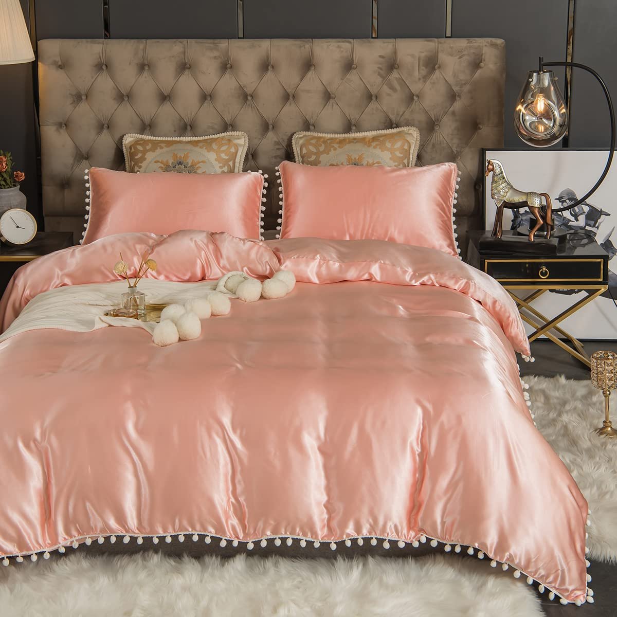 Комплект постільної білизни Satin Freyamy 135 x 200 см, 4 предмети, розкішний з помпонами та китицями, гладкий шовковистий блискучий сатин, рожевий, сучасний романтичний літній комплект постільної білизни: 1 підковдра + наволочка 80 x 80 см з блискавками, фото №4