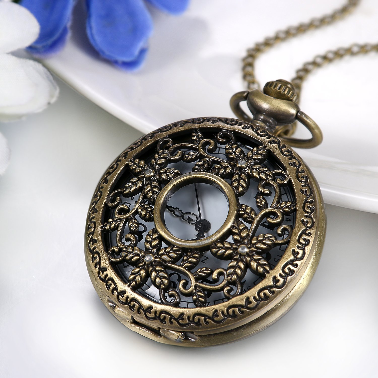 Карманные часы JewelryWe мужские женские с полым компасом Кварцевые аналоговые часы с цепочкой-ожерельем, фото №2