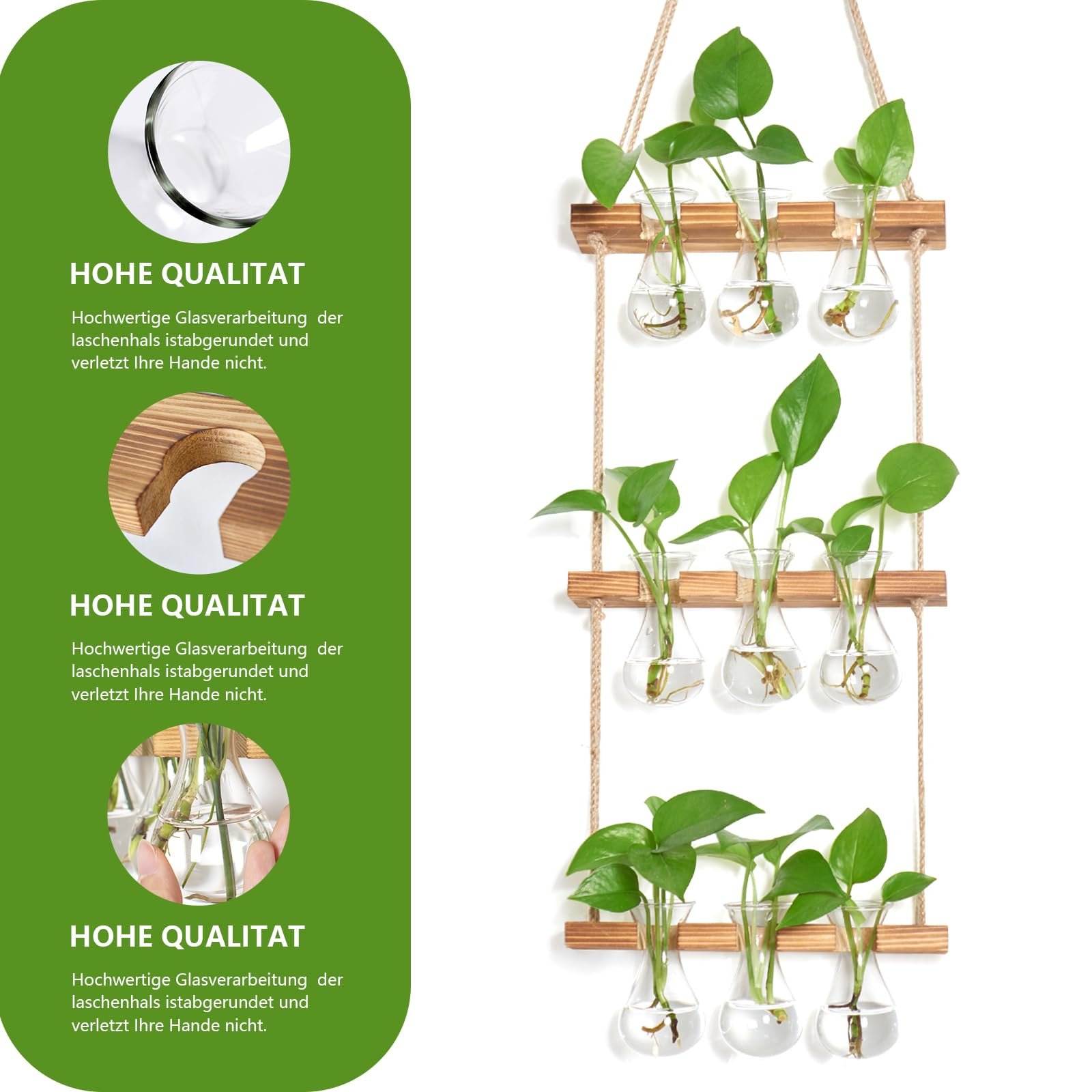 Станція для розмноження рослин XXXFLOWER Small Teardrop 3-рівнева з 9 скляними вазами та сосновою підставкою Прозорий/Натуральне дерево, фото №3