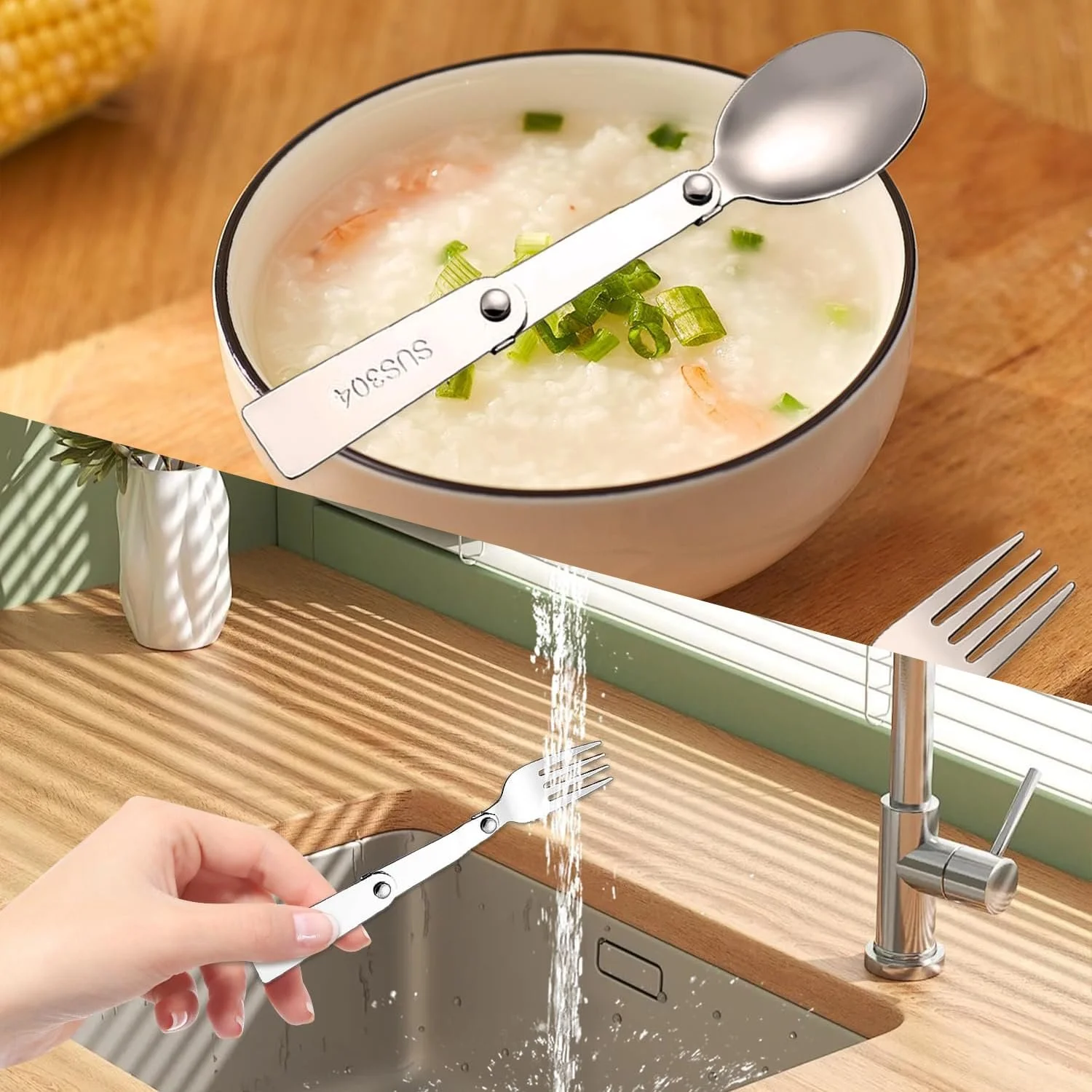 Набор портативных складных ложек и вилок из нержавеющей стали 304 для путешествий на природе, кемпинга, походов, пикников и выживания, 2 штуки, фото №5