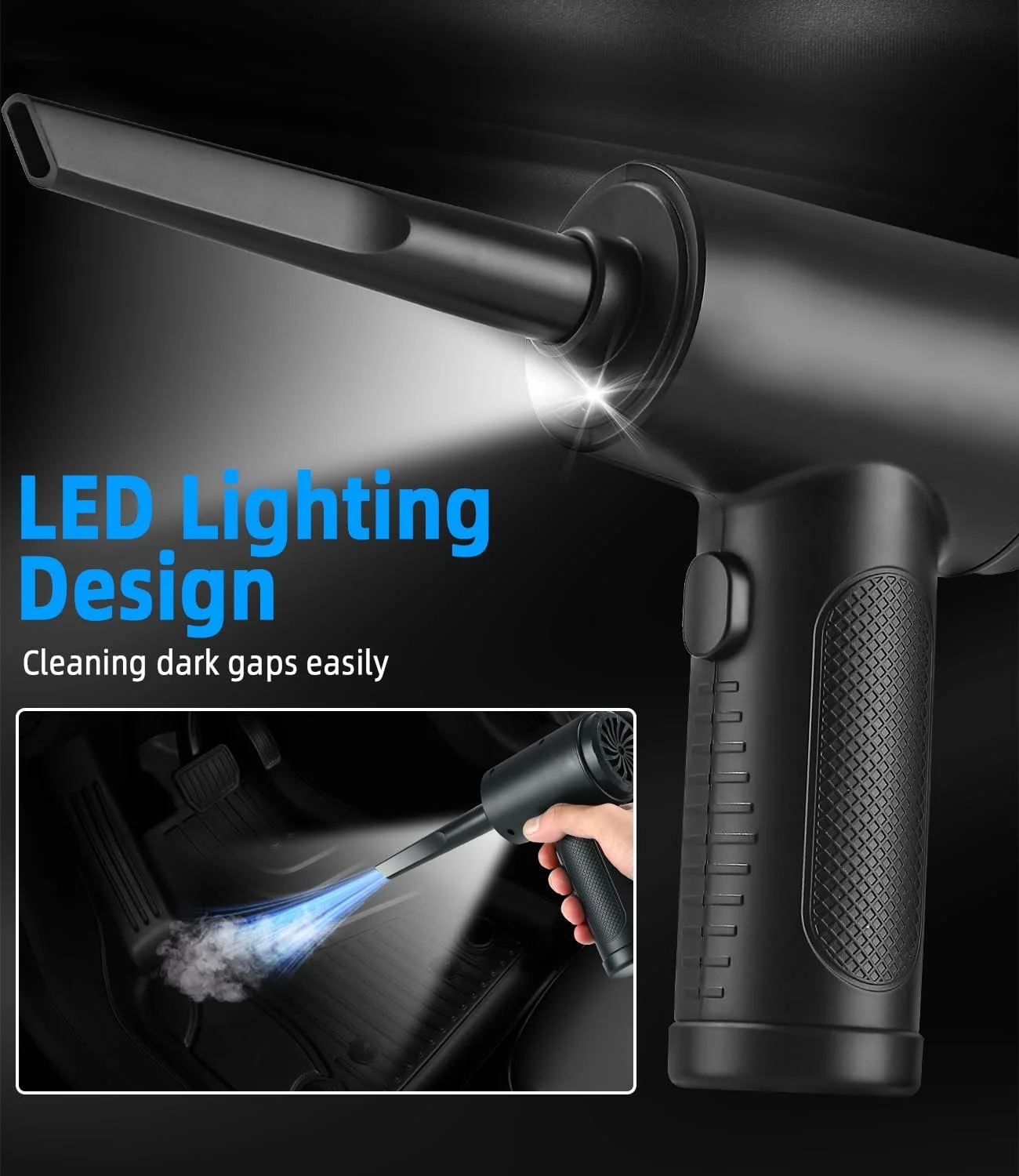 Акумуляторна повітродувка Yulado 7.2 KPA 3 швидкості з підсвіткою та аксесуарами, фото №4