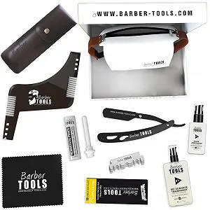 Набор для бритья бороды Barber Tools 50 лезвий, гель 80 мл, бальзам 30 мл, гребень, квасцы и сумка Black synthetic.ua - Фото 1